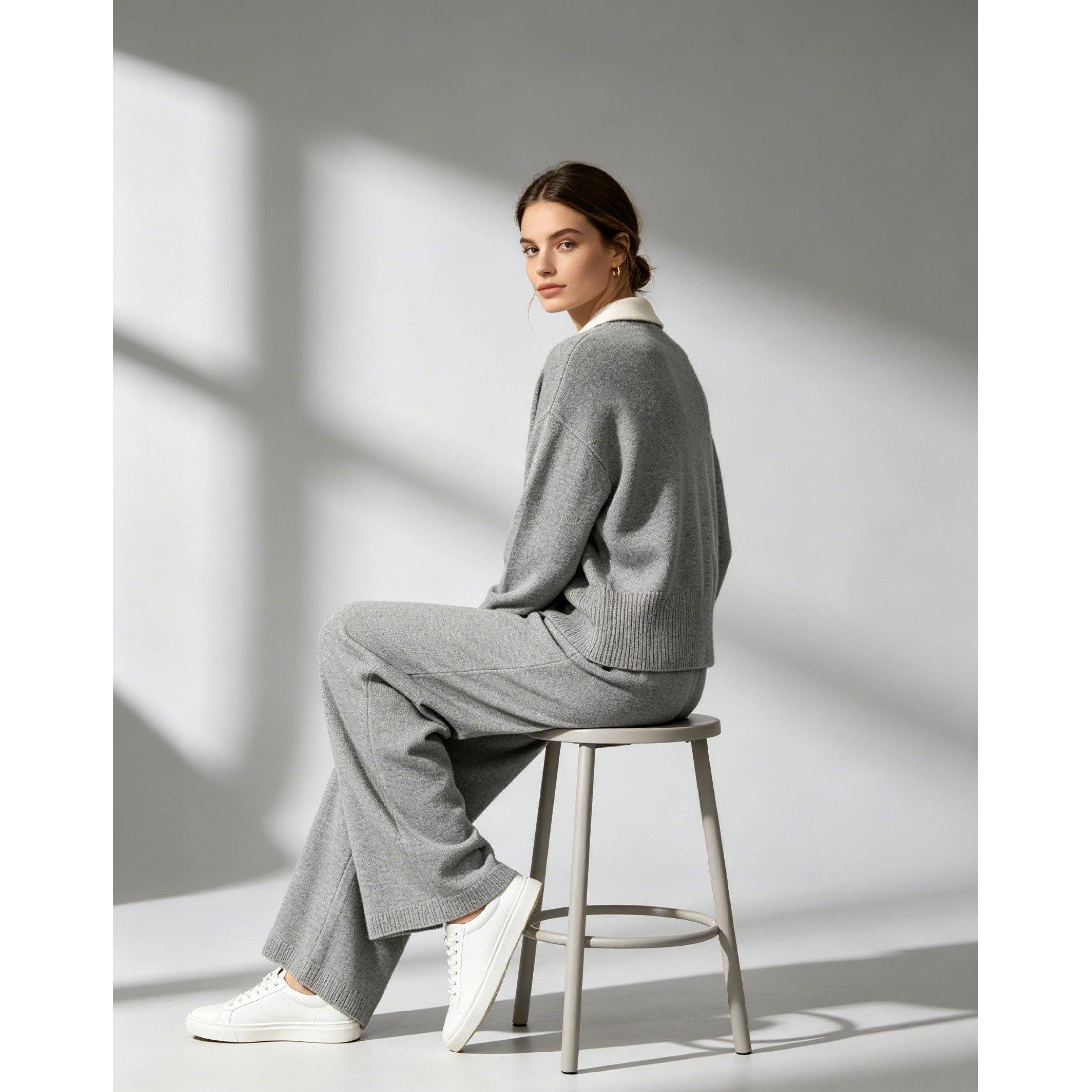 Grey - Miso - Women's V-Neck Knit Long-Sleeve Oversized-Fit Top and Trouser Set - 6