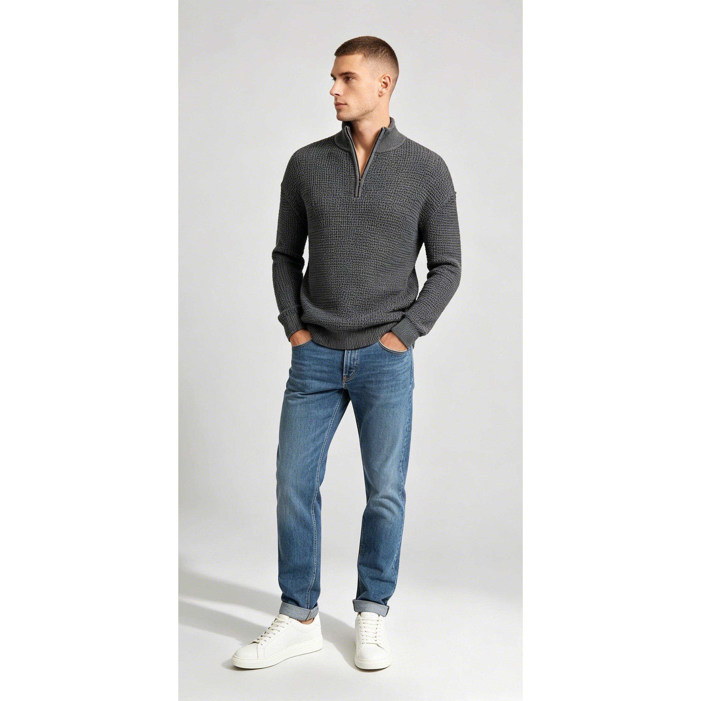 Grey - Firetrap - Men's 1/4 Zip Cable Knit Funnel Neck Jumper - 1