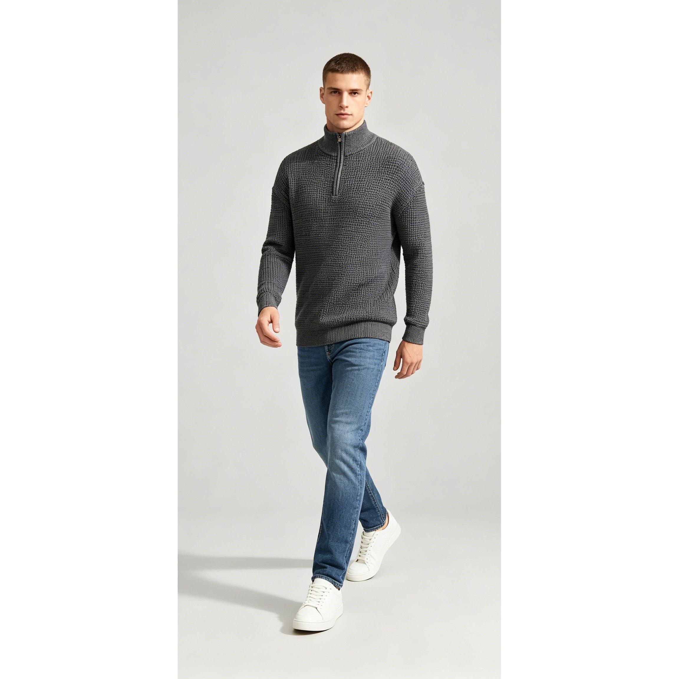 Grey - Firetrap - Men's 1/4 Zip Cable Knit Funnel Neck Jumper - 3