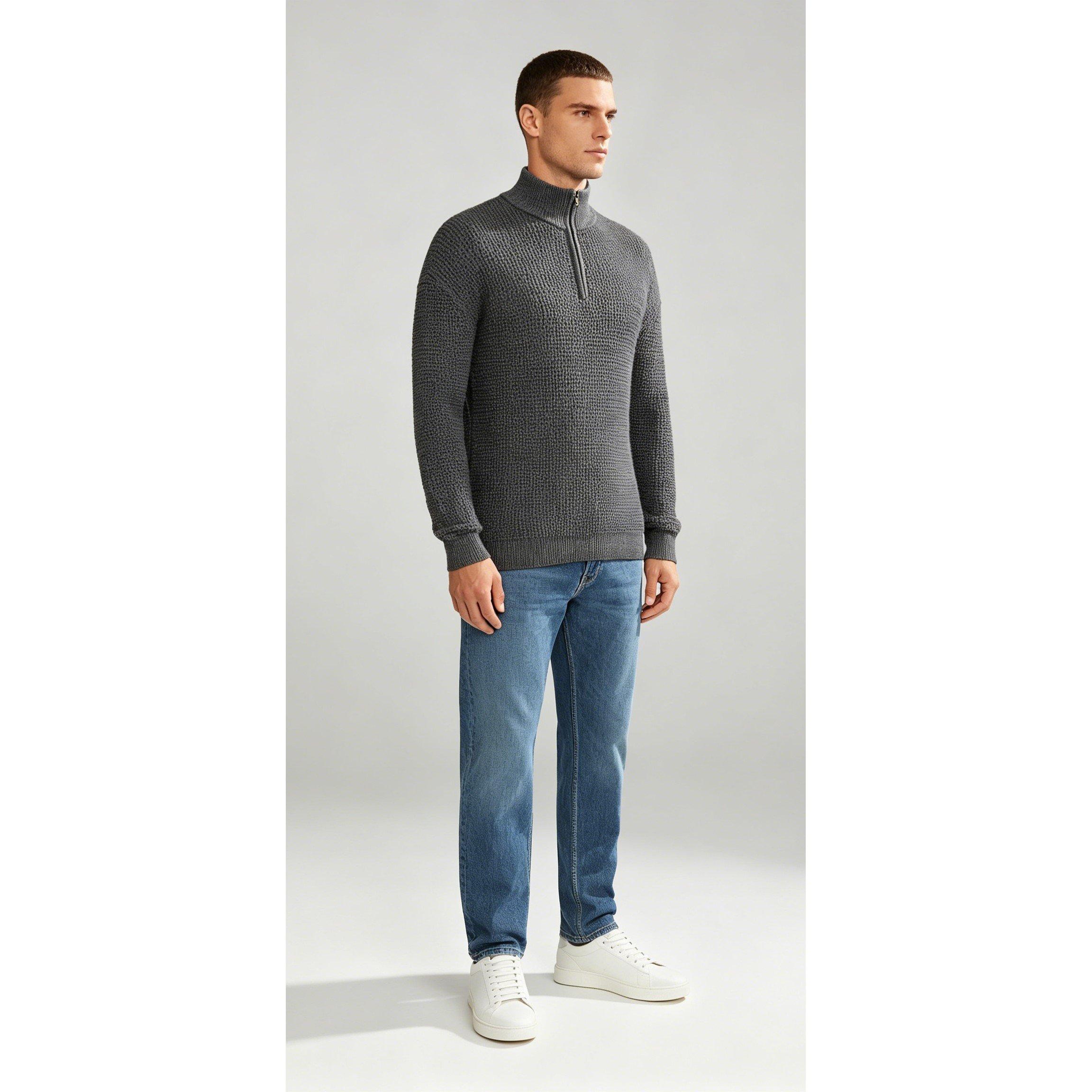 Grey - Firetrap - Men's 1/4 Zip Cable Knit Funnel Neck Jumper - 4