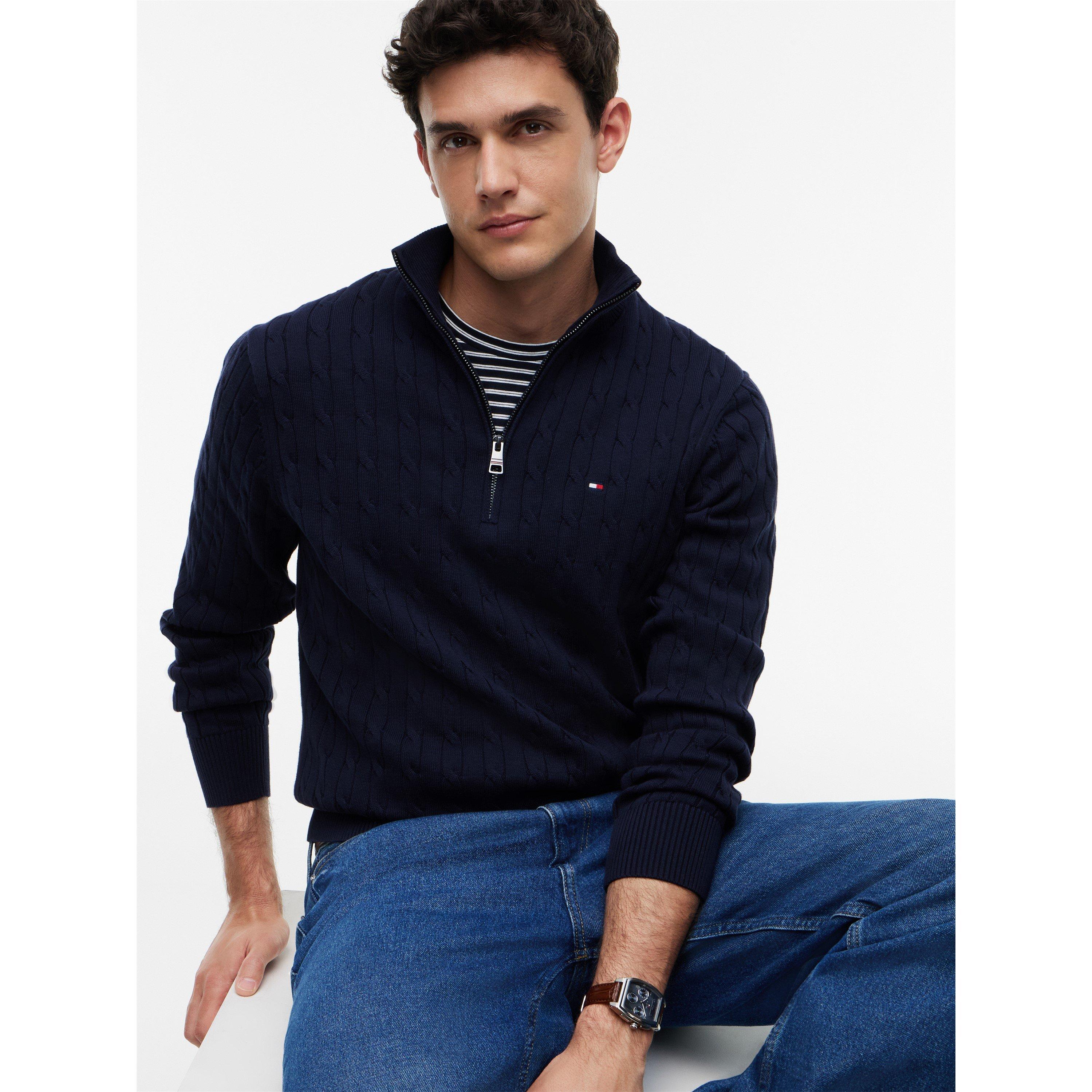 Navy - Tommy Hilfiger - Men's Cotton 1/4-Zip Mock-Neck Cable Knit Jumper - 2
