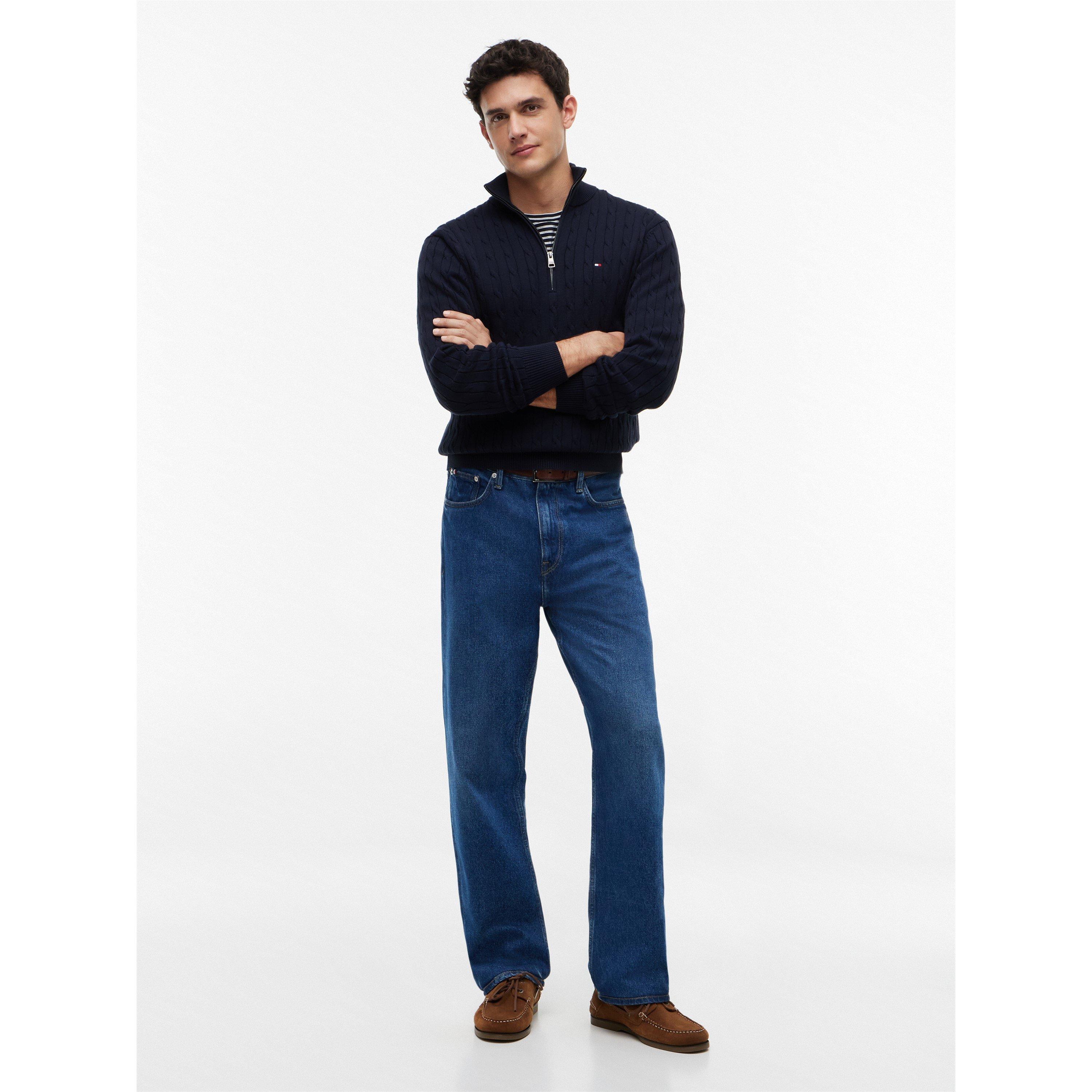 Navy - Tommy Hilfiger - Men's Cotton 1/4-Zip Mock-Neck Cable Knit Jumper - 3