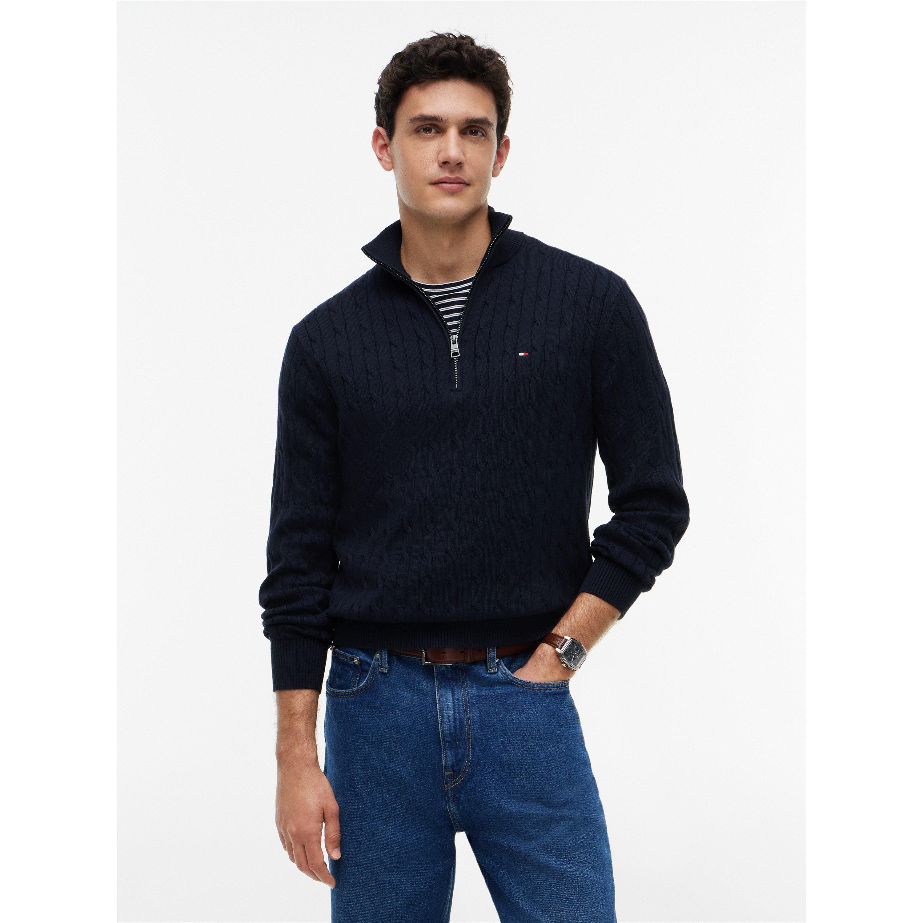 Navy - Tommy Hilfiger - Men's Cotton 1/4-Zip Mock-Neck Cable Knit Jumper - 4