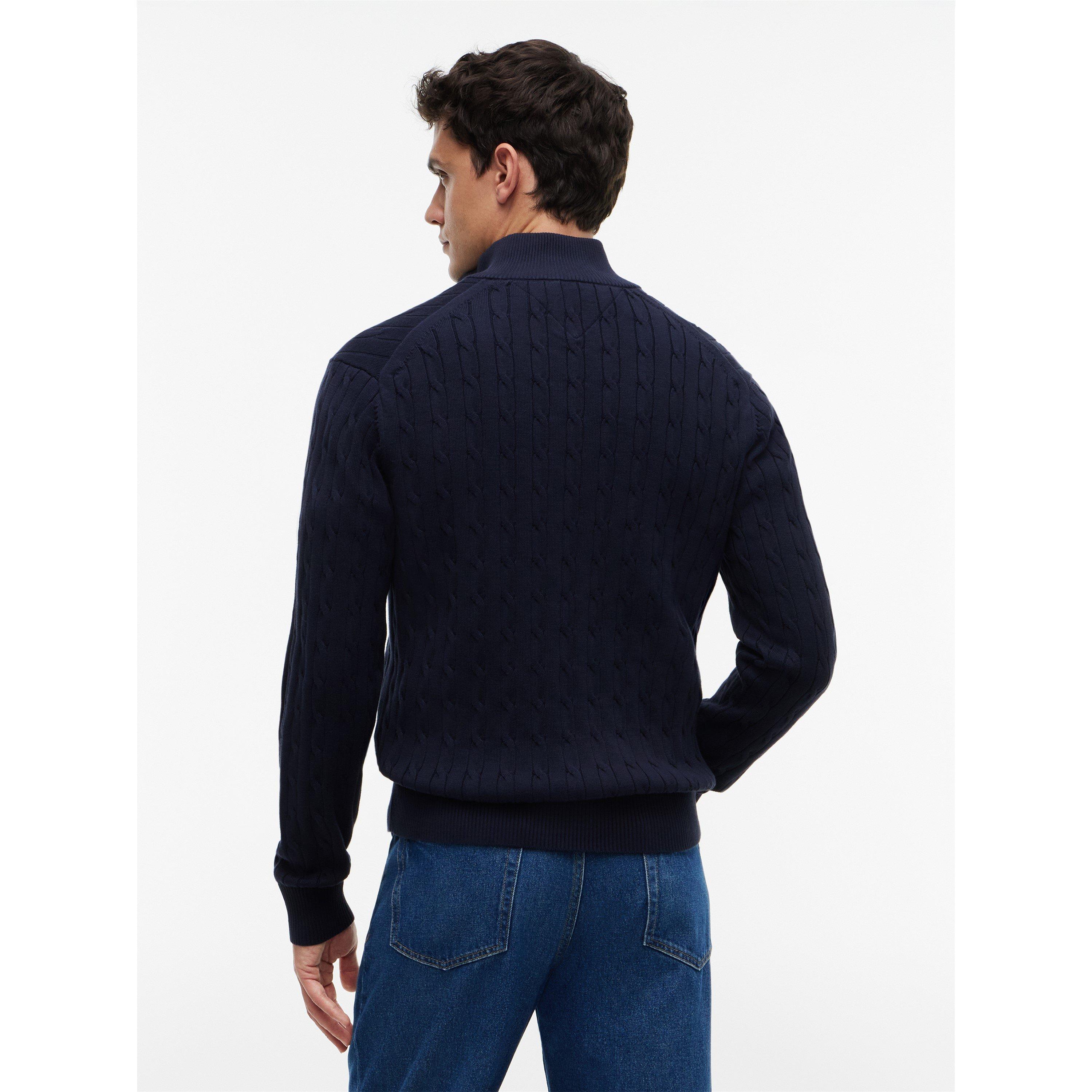 Navy - Tommy Hilfiger - Men's Cotton 1/4-Zip Mock-Neck Cable Knit Jumper - 5