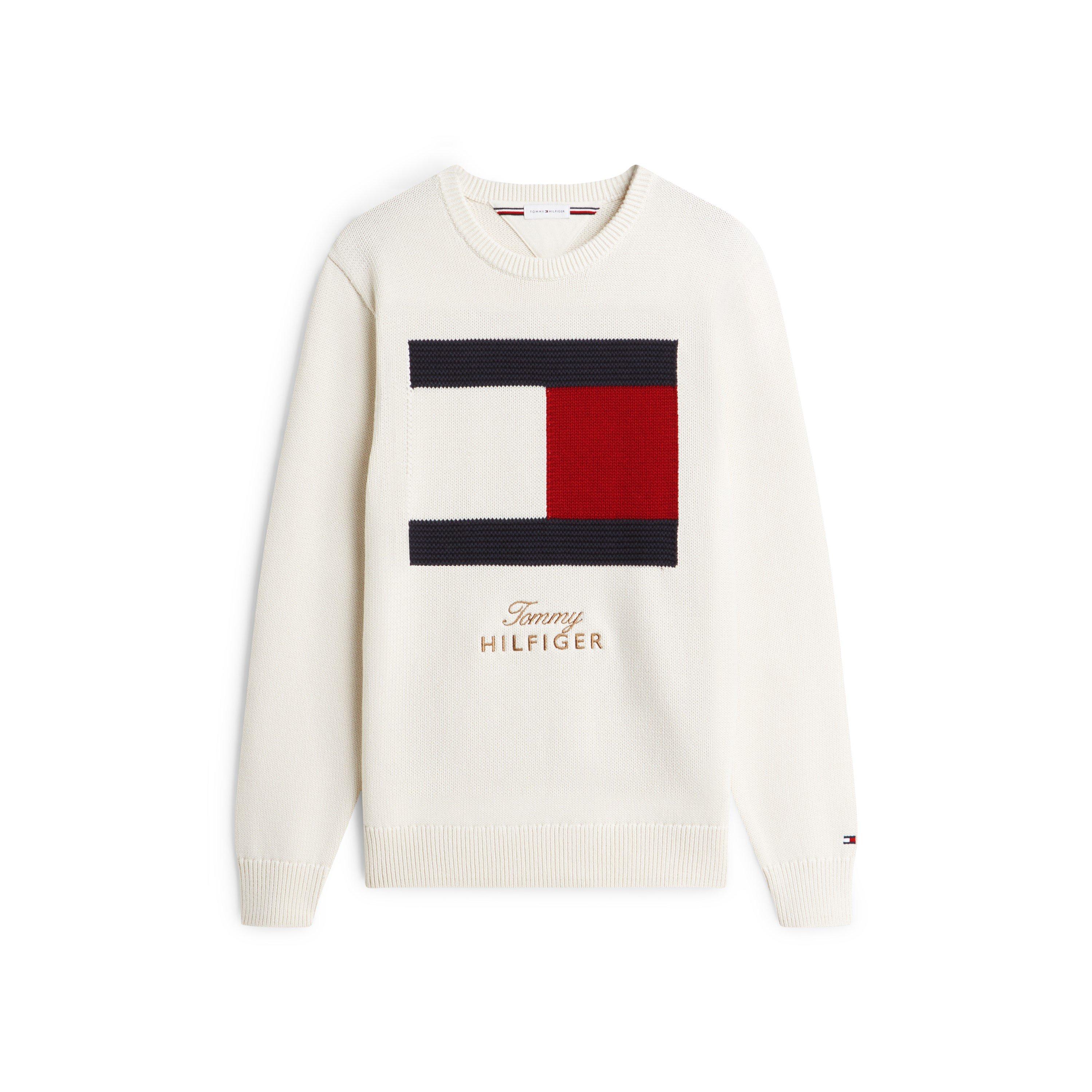 Ivory Petal - Tommy Hilfiger - Men's Flag Knit Cotton Long-Sleeve Crew-Neck Jumper