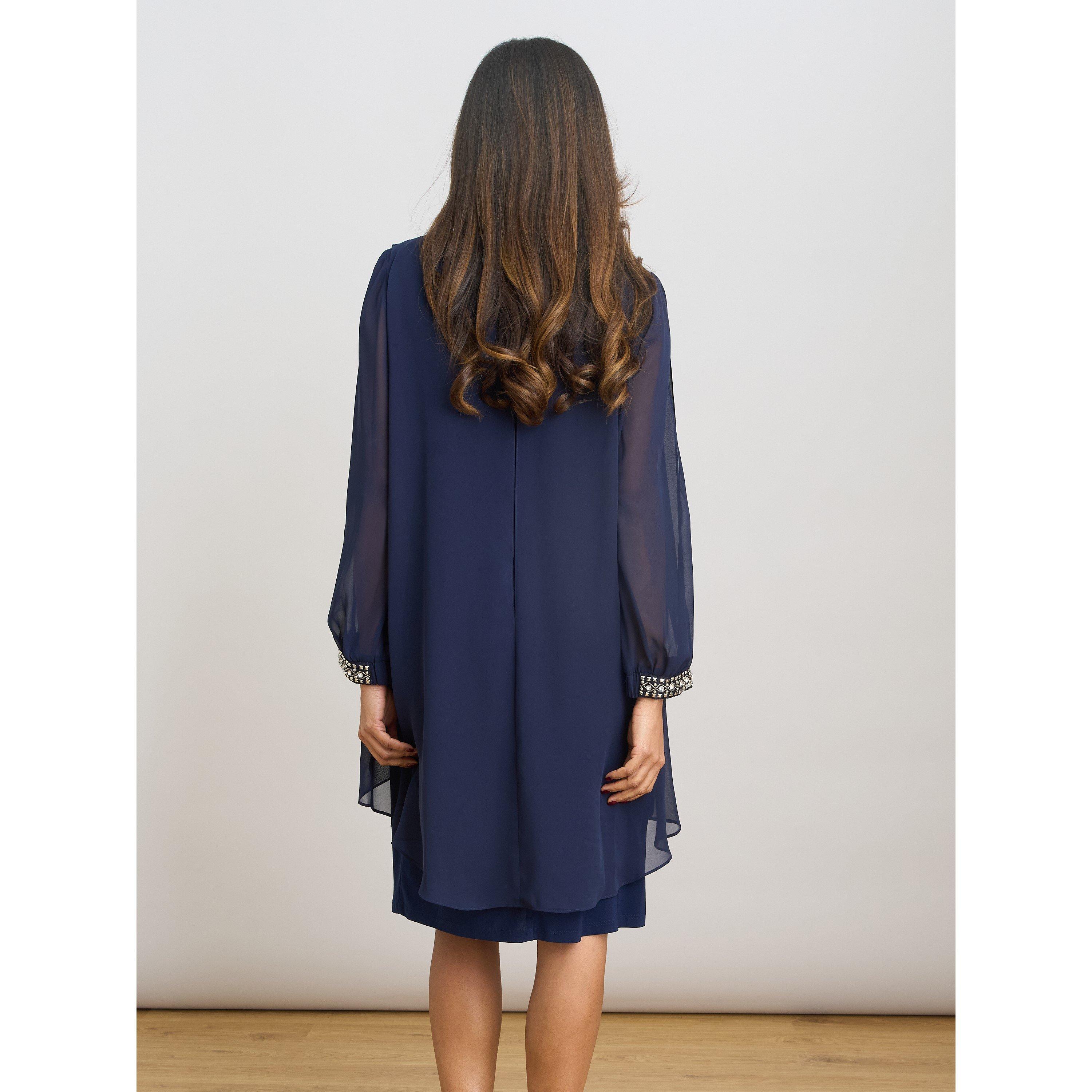 Navy - Gina Bacconi - Lexie Embellished Sleeves Dress - 3