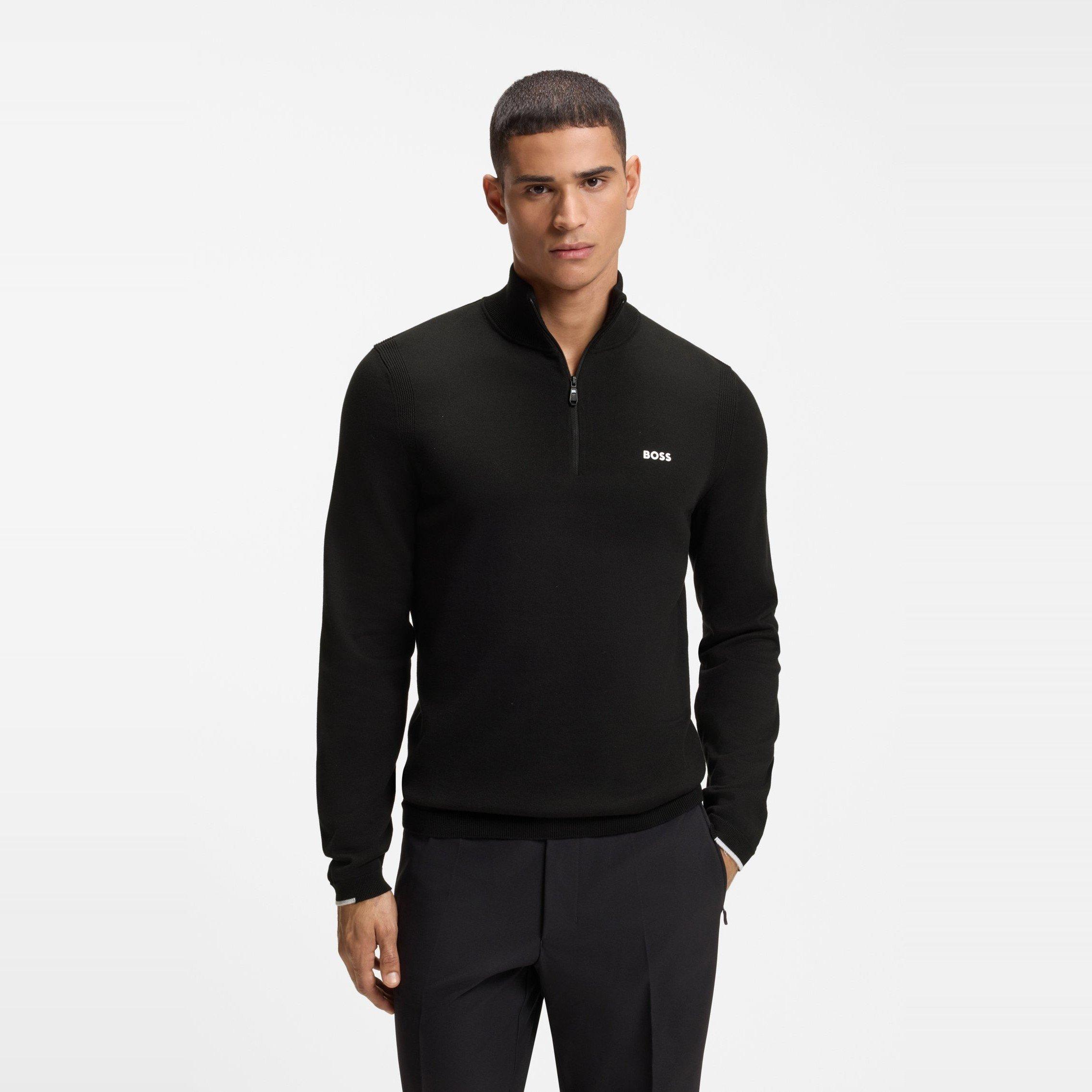 Black 001 - Boss - Men's Ever-X Boss Green Cotton Long-Sleeve 1/4-Zip Knitted Top - 2