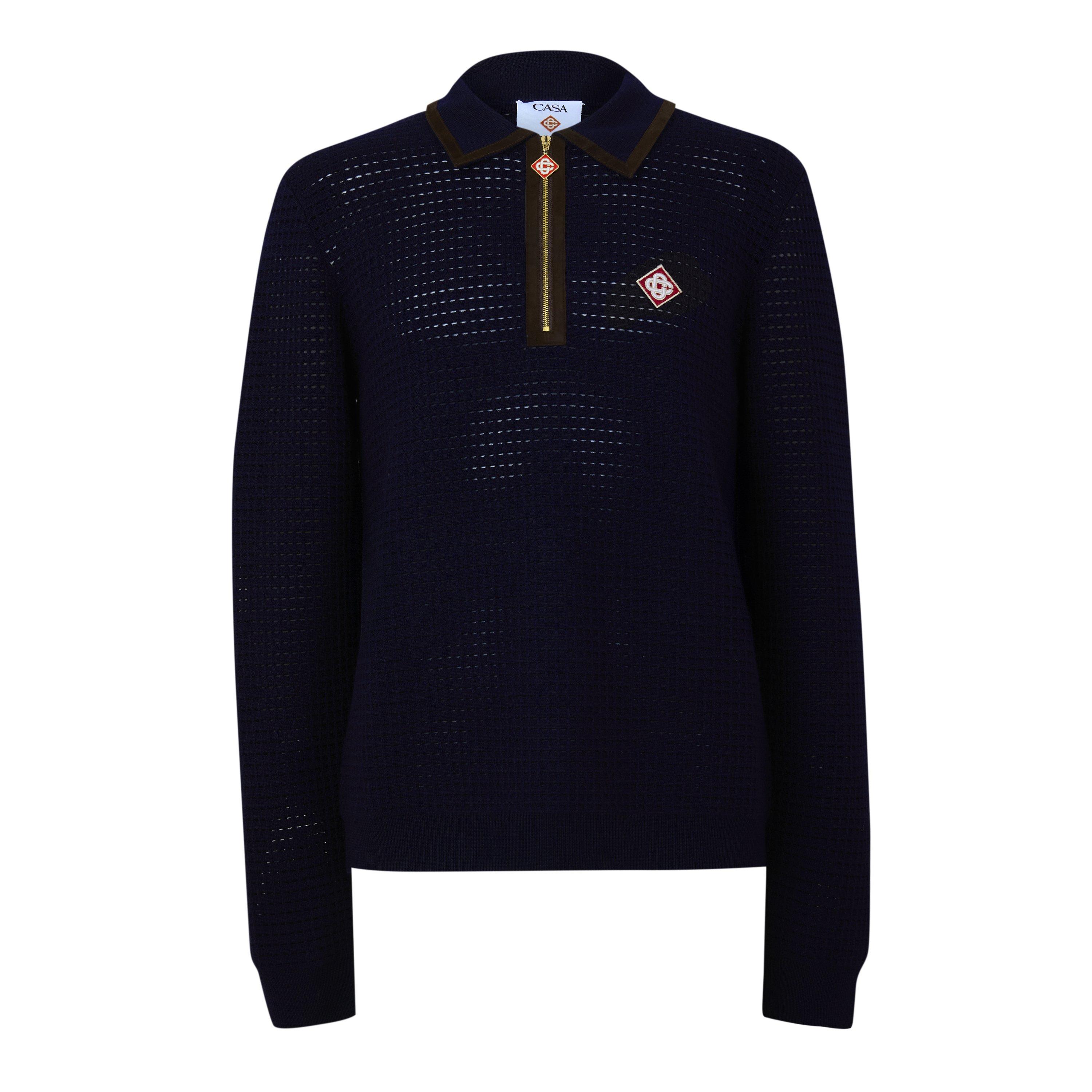 Casablanca Paris Men's Brown Navy Wool Waffle Stitch Long Sleeve Polo Shirt In Size Xl By - Image 3