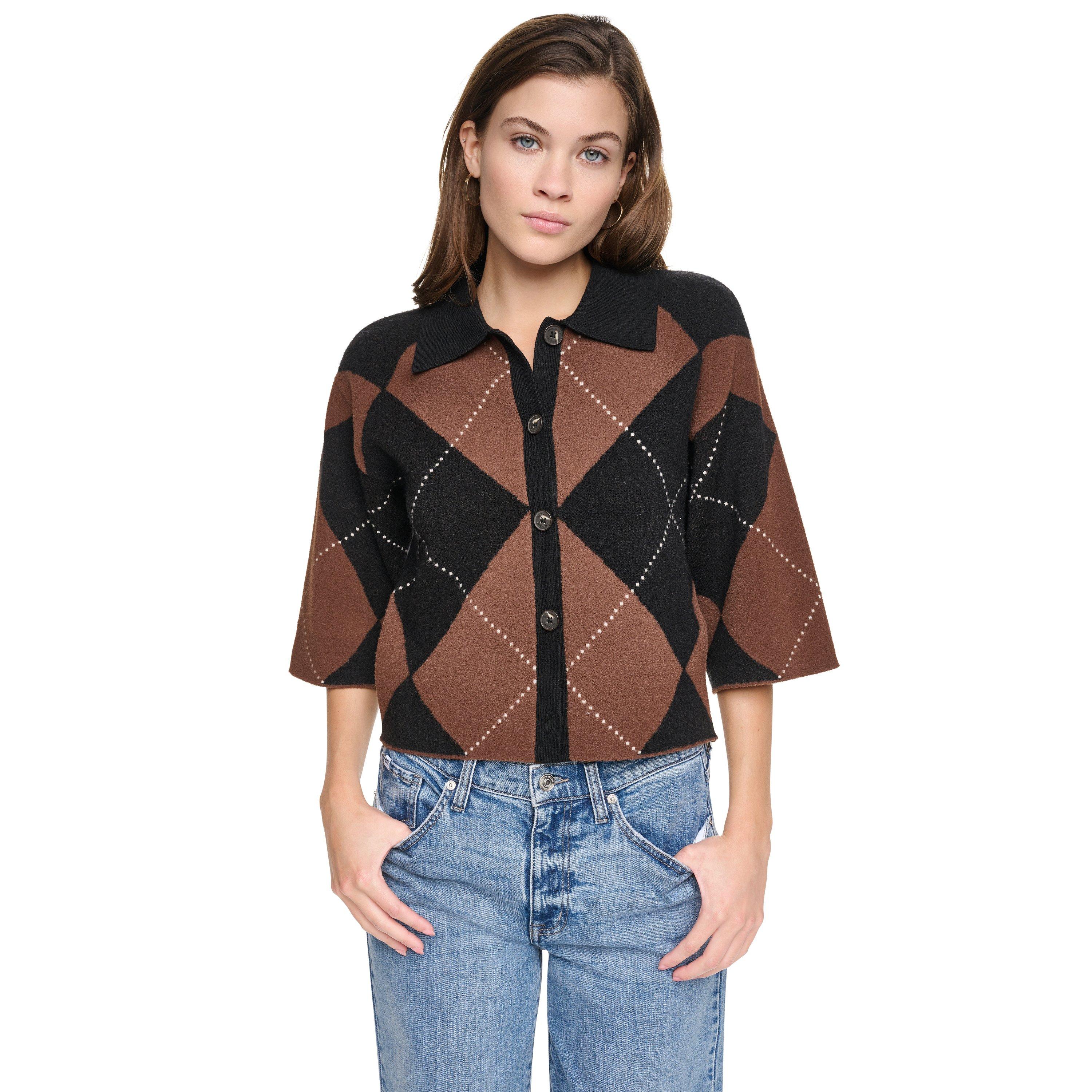 Black/Chestnut - DKNY - DKNY Fuzzy Argyle Elbow Sleeve Cardigan - 1
