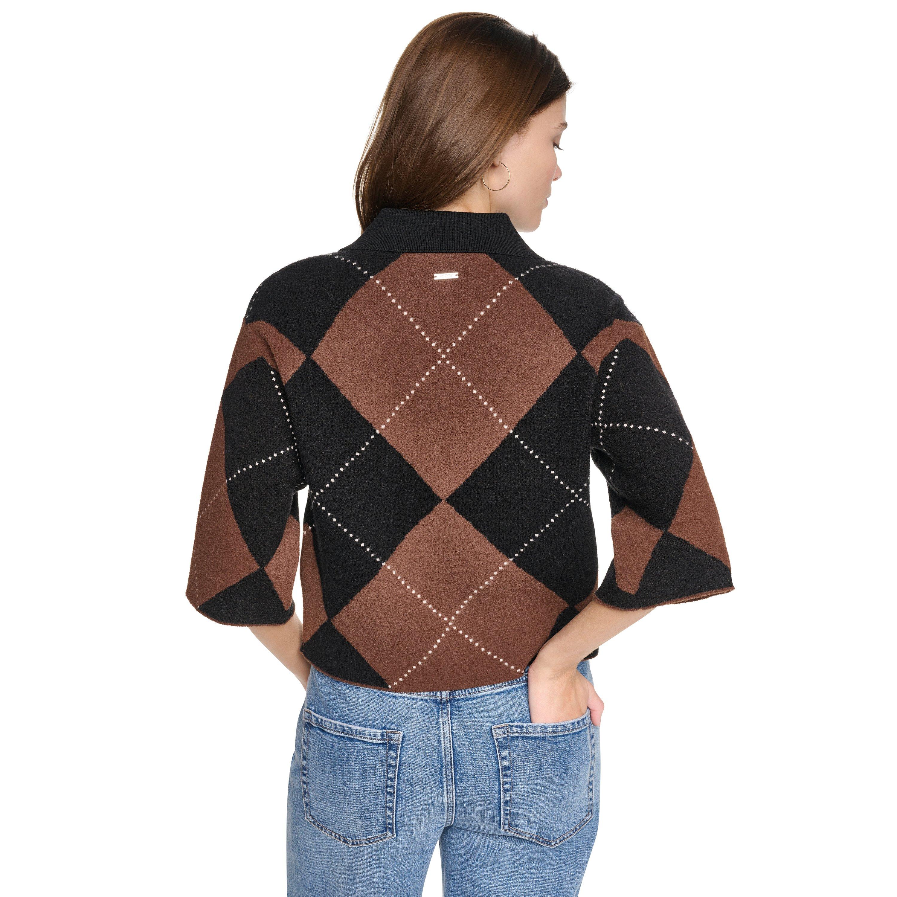 Black/Chestnut - DKNY - DKNY Fuzzy Argyle Elbow Sleeve Cardigan - 2
