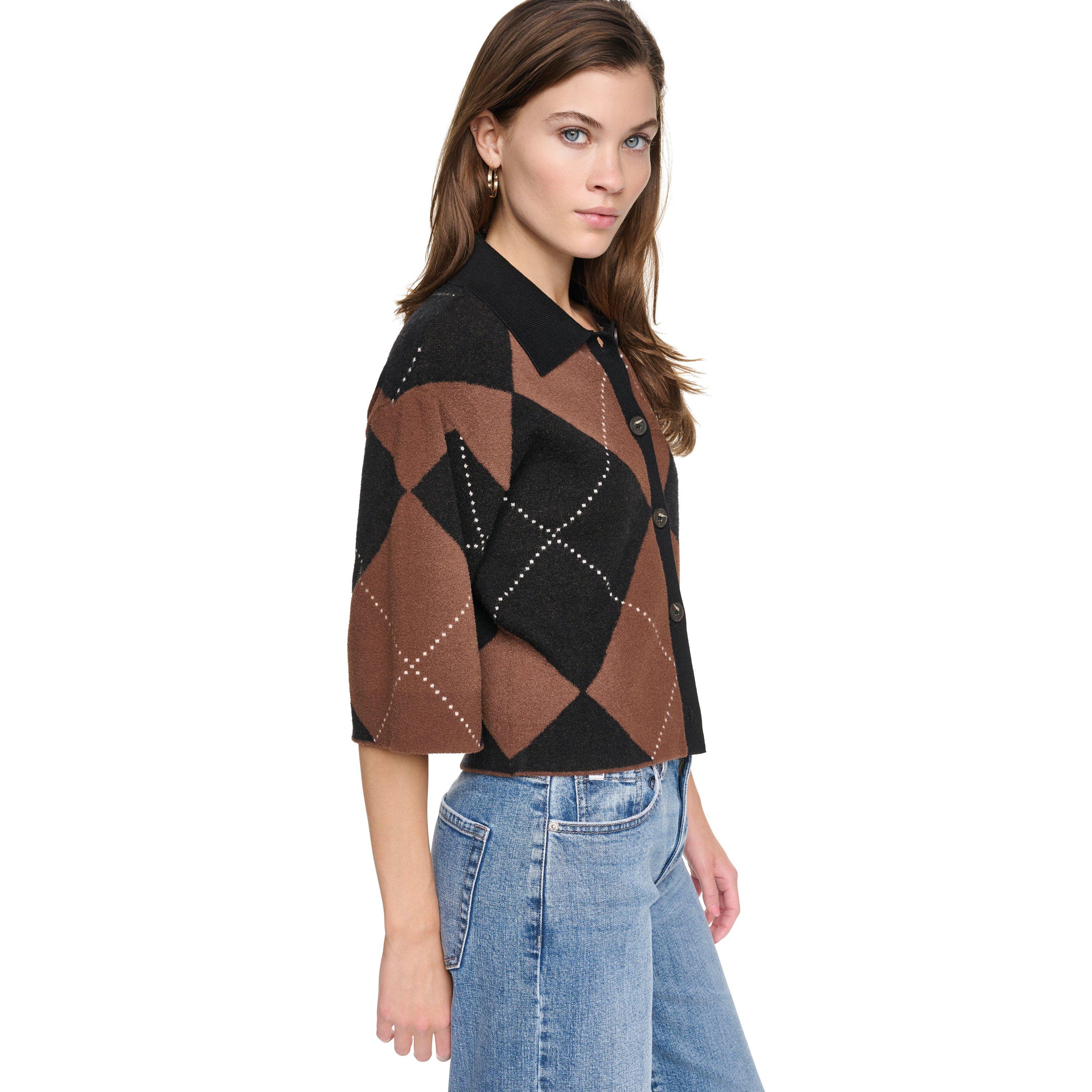 Black/Chestnut - DKNY - DKNY Fuzzy Argyle Elbow Sleeve Cardigan - 3