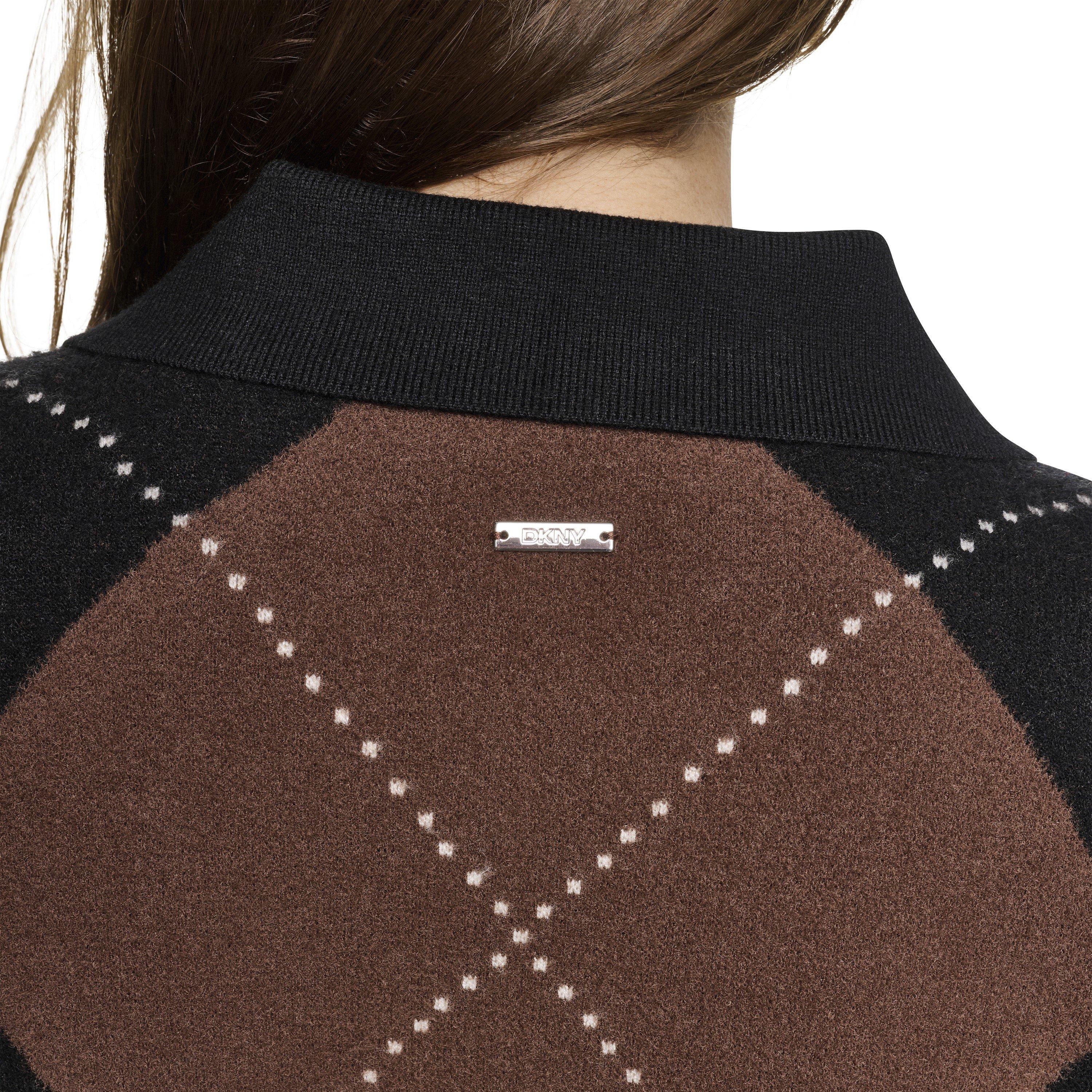 Black/Chestnut - DKNY - DKNY Fuzzy Argyle Elbow Sleeve Cardigan - 4