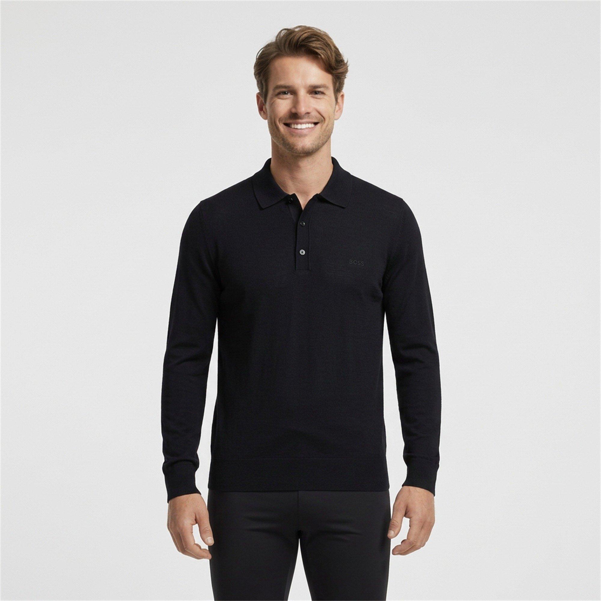 Black 001 - Boss - Men's Lancione Black Knitted Long-Sleeve Polo Shirt - 3