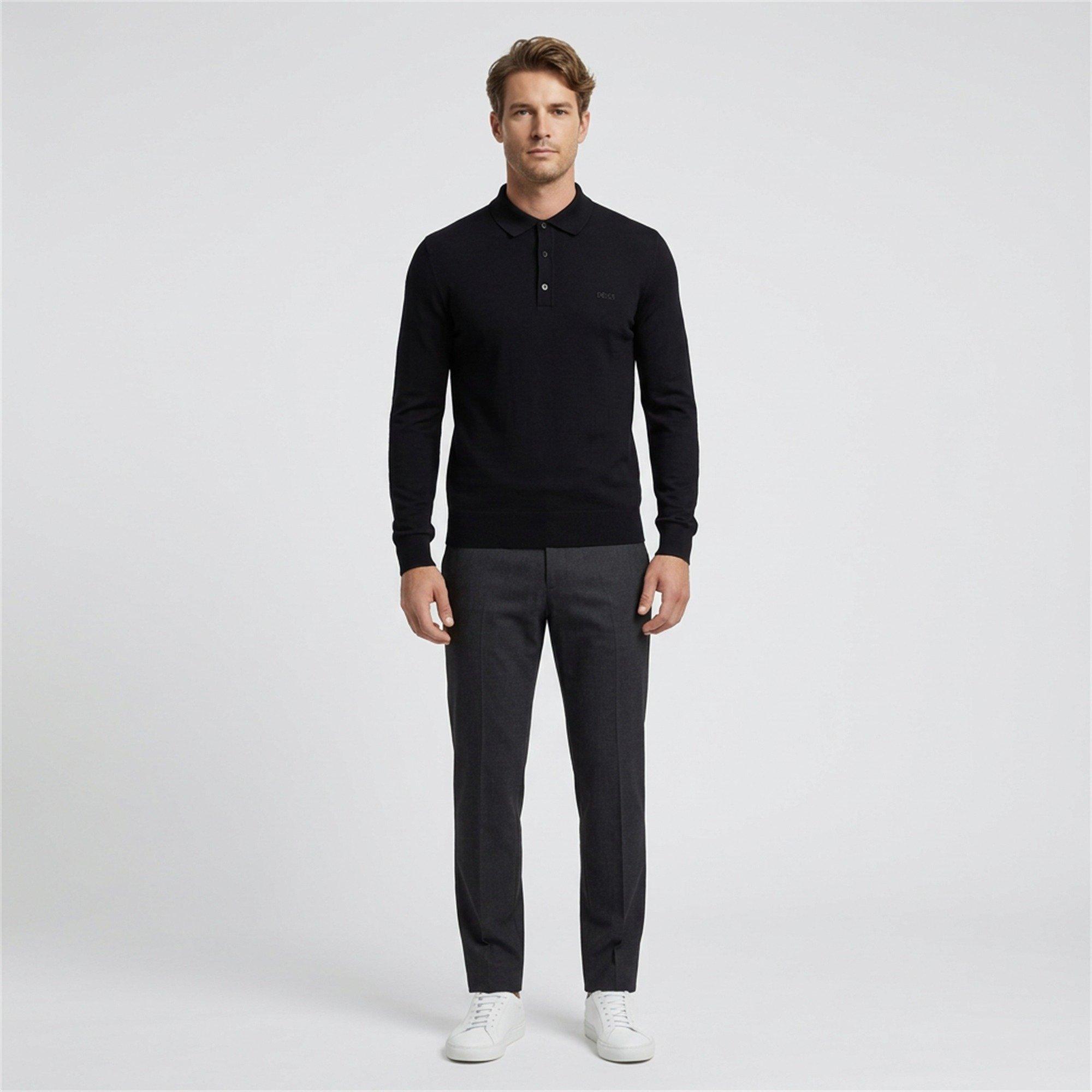 Black 001 - Boss - Men's Lancione Black Knitted Long-Sleeve Polo Shirt - 5