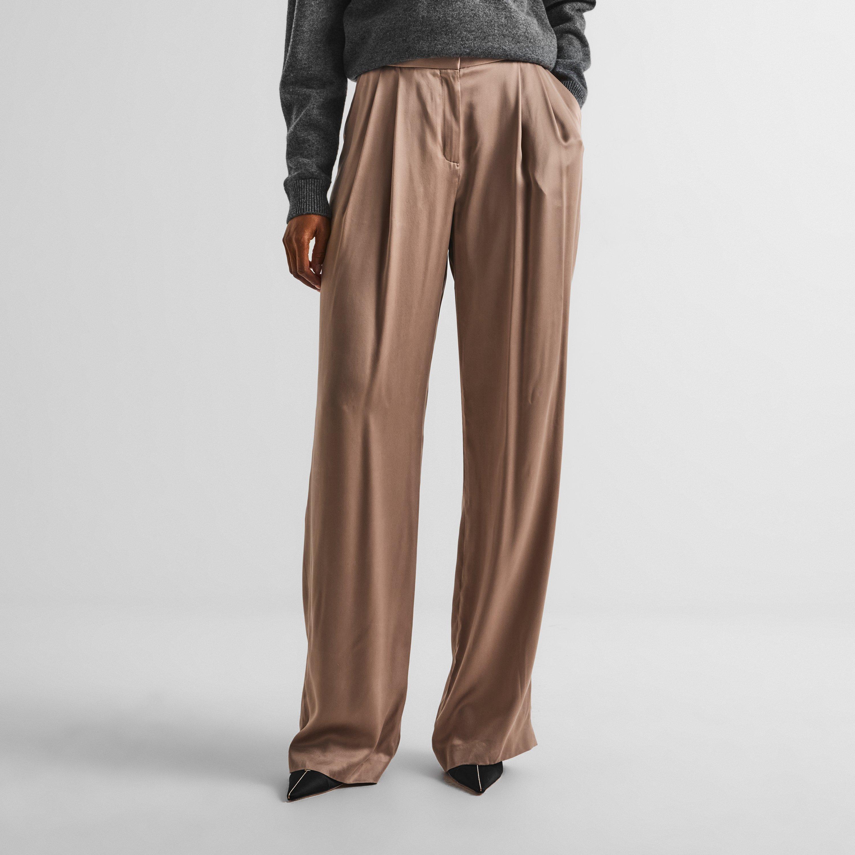 Desert Taupe - Tom Ford - Women's Silk Satin High-Waisted Pleated Trousers - 3