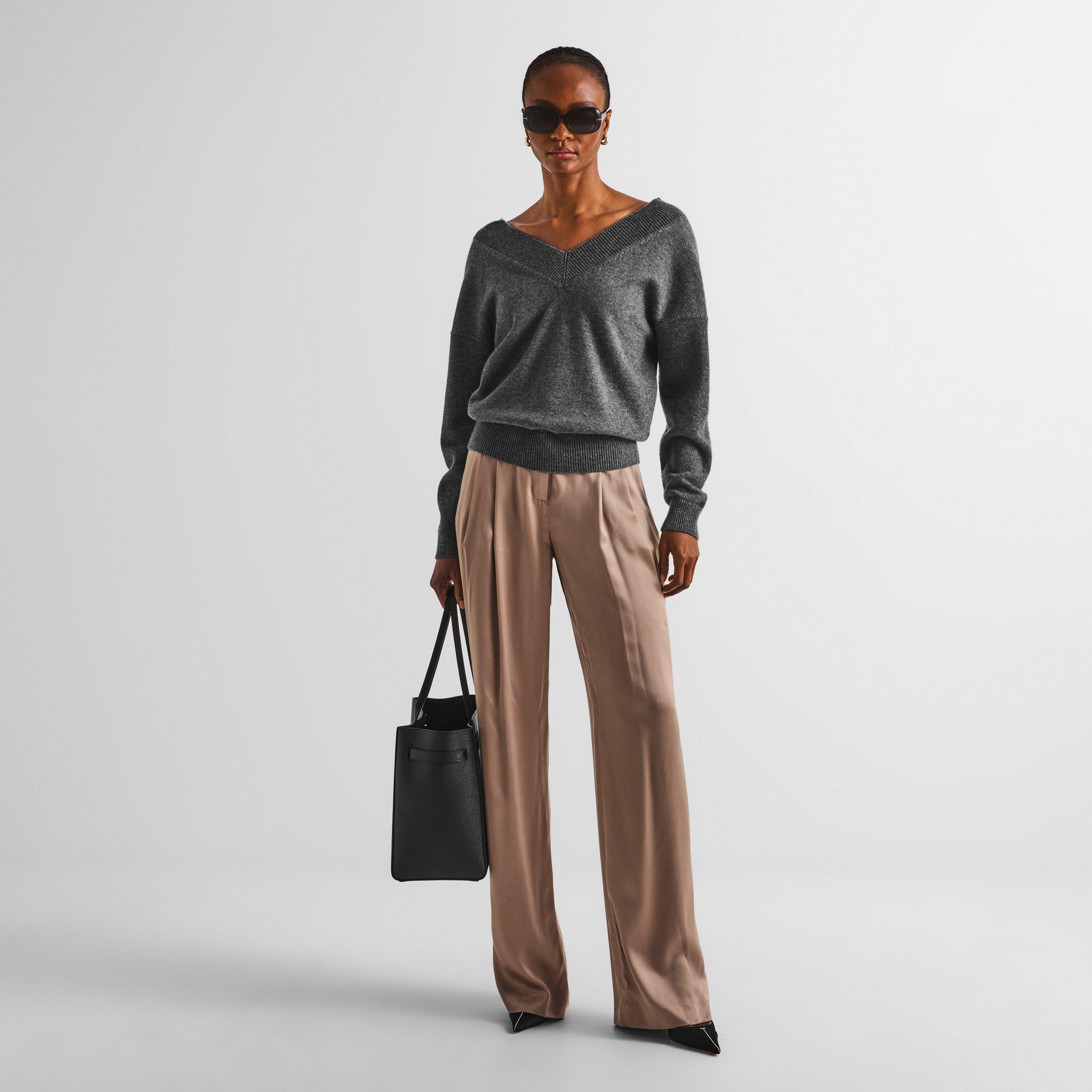 Desert Taupe - Tom Ford - Women's Silk Satin High-Waisted Pleated Trousers - 6