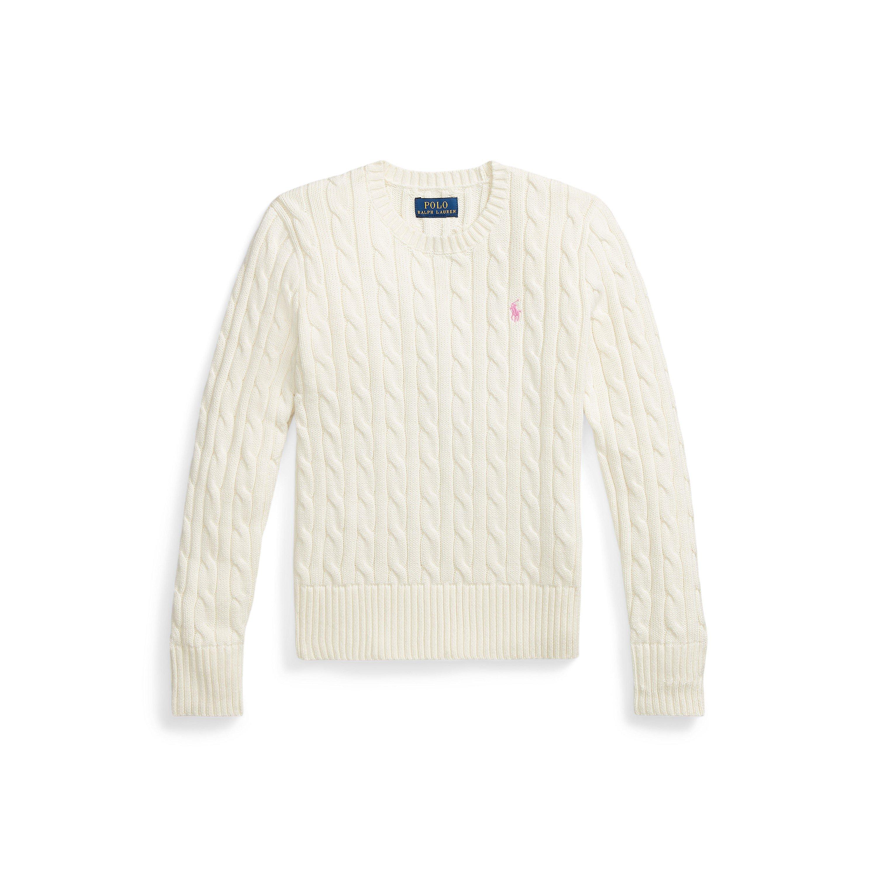 Polo Ralph Lauren Girls Kids' Cable Knit Crew Jumper - White/Pink - 7Y/S