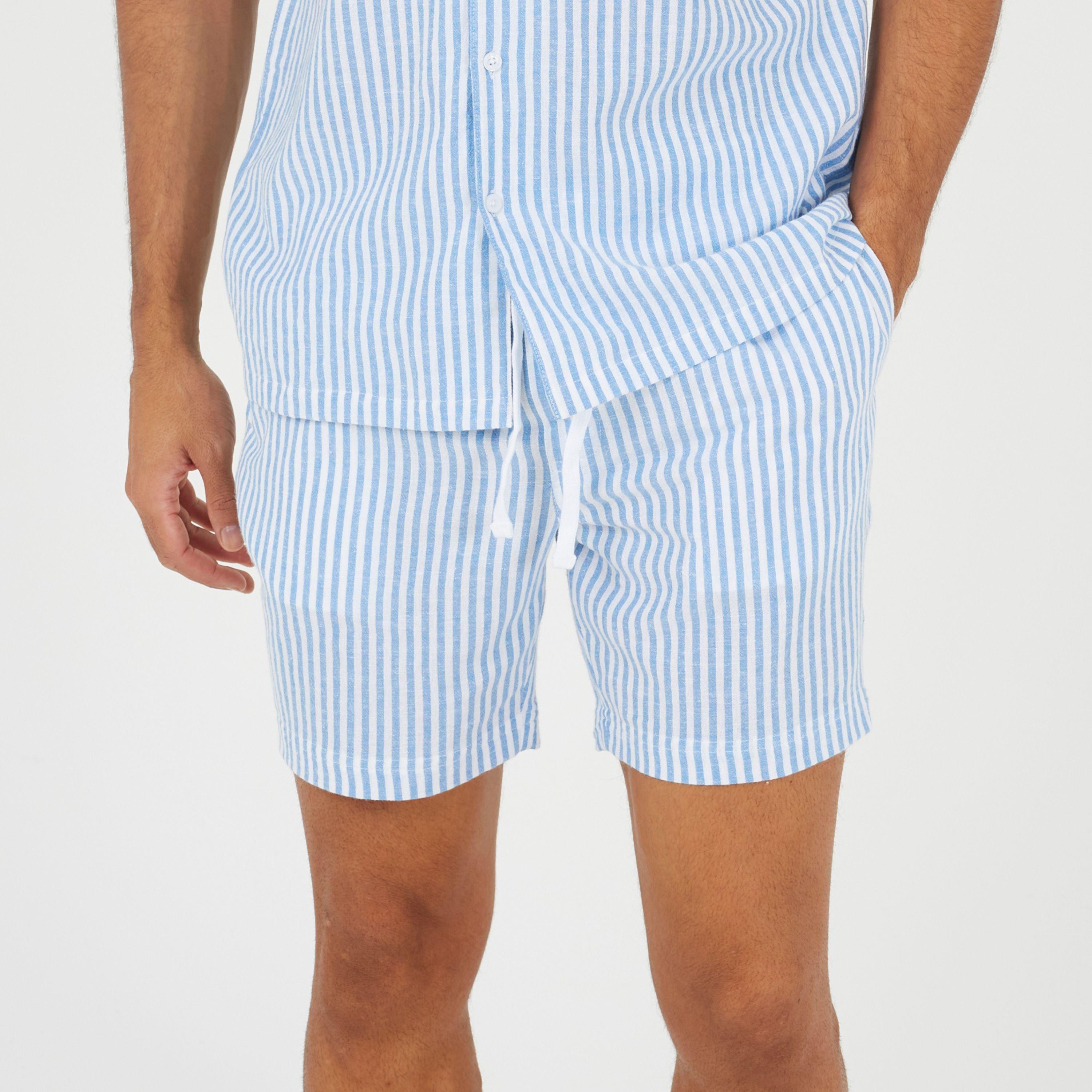 Weiß/Blau - Brave Soul - BS Mens Blue and White Striped Shorts with Pockets - 1
