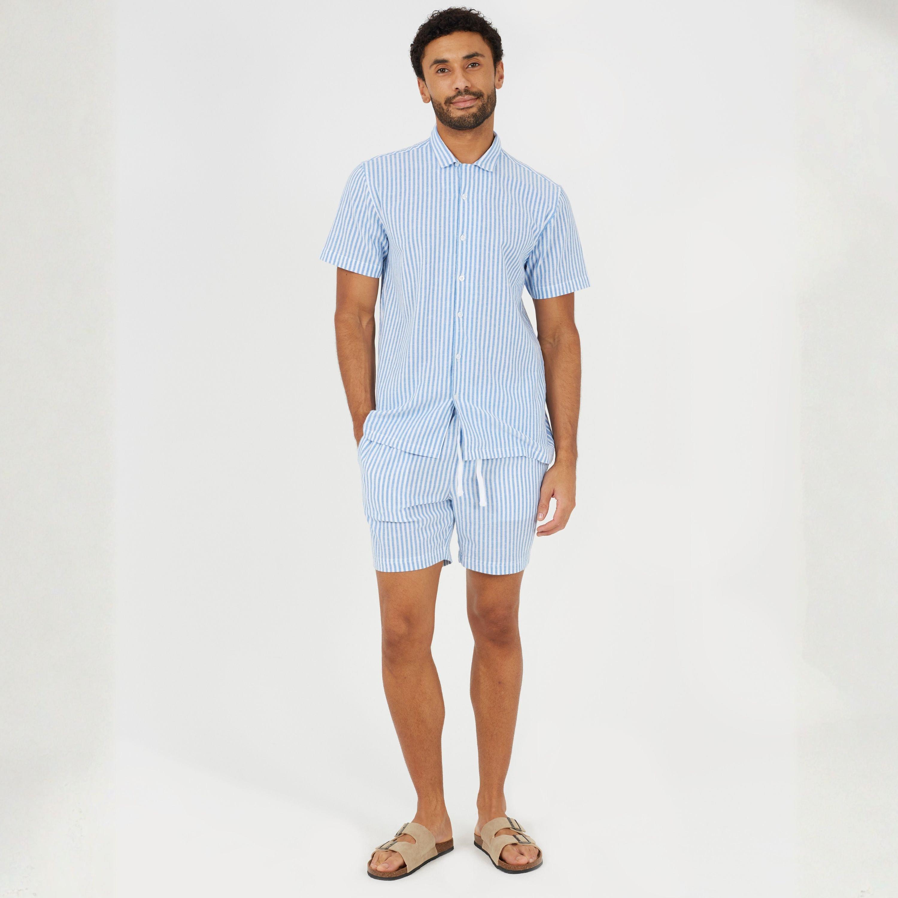 Weiß/Blau - Brave Soul - BS Mens Blue and White Striped Shorts with Pockets - 4