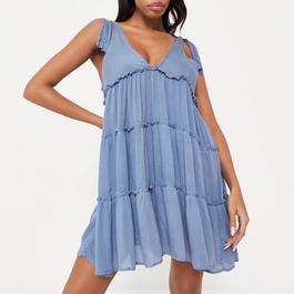 Missguided Cheesecloth Tie Shoulder Tiered Beach Cover Up Mini Dress