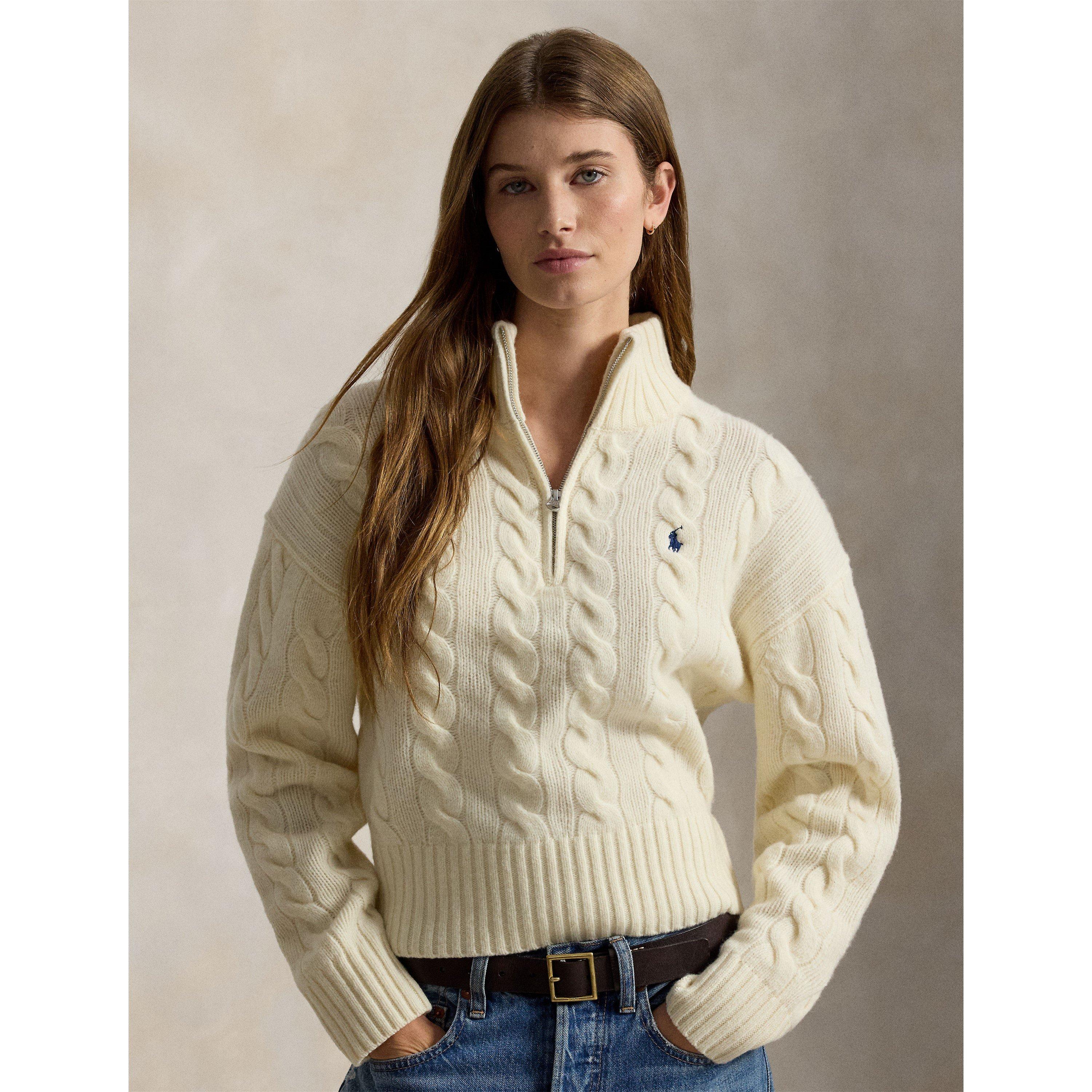 AUTHENTIC CREAM - Polo Ralph Lauren - Women's 1/4-Zip Cable-Knit Wool Cashmere Top - 2