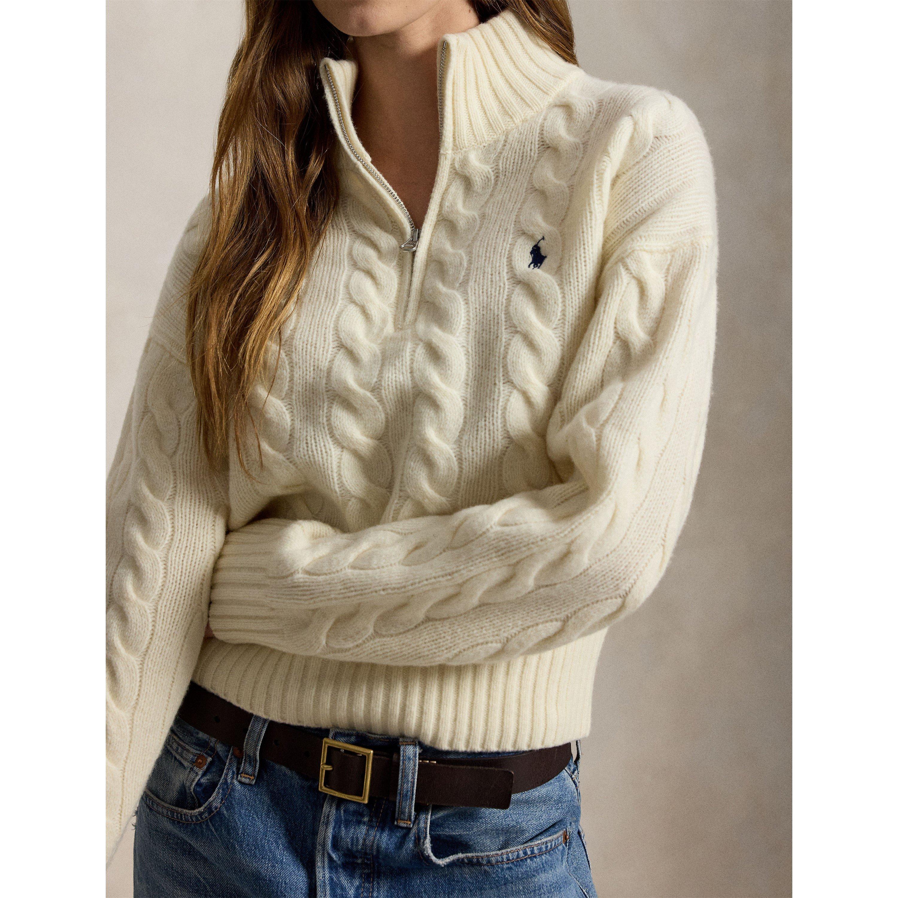 AUTHENTIC CREAM - Polo Ralph Lauren - Women's 1/4-Zip Cable-Knit Wool Cashmere Top - 4