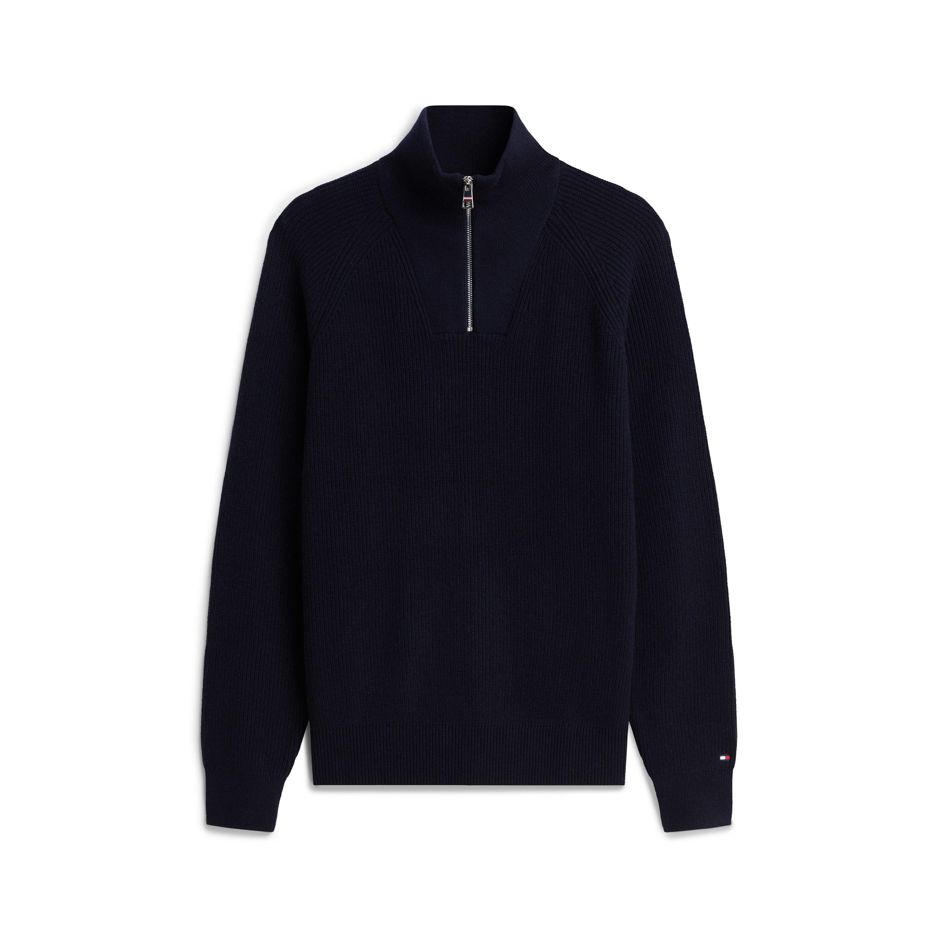 Navy Blue - Tommy Hilfiger - Men's Wool Fisherman Rib 1/4-Zip Knitted Top - 1