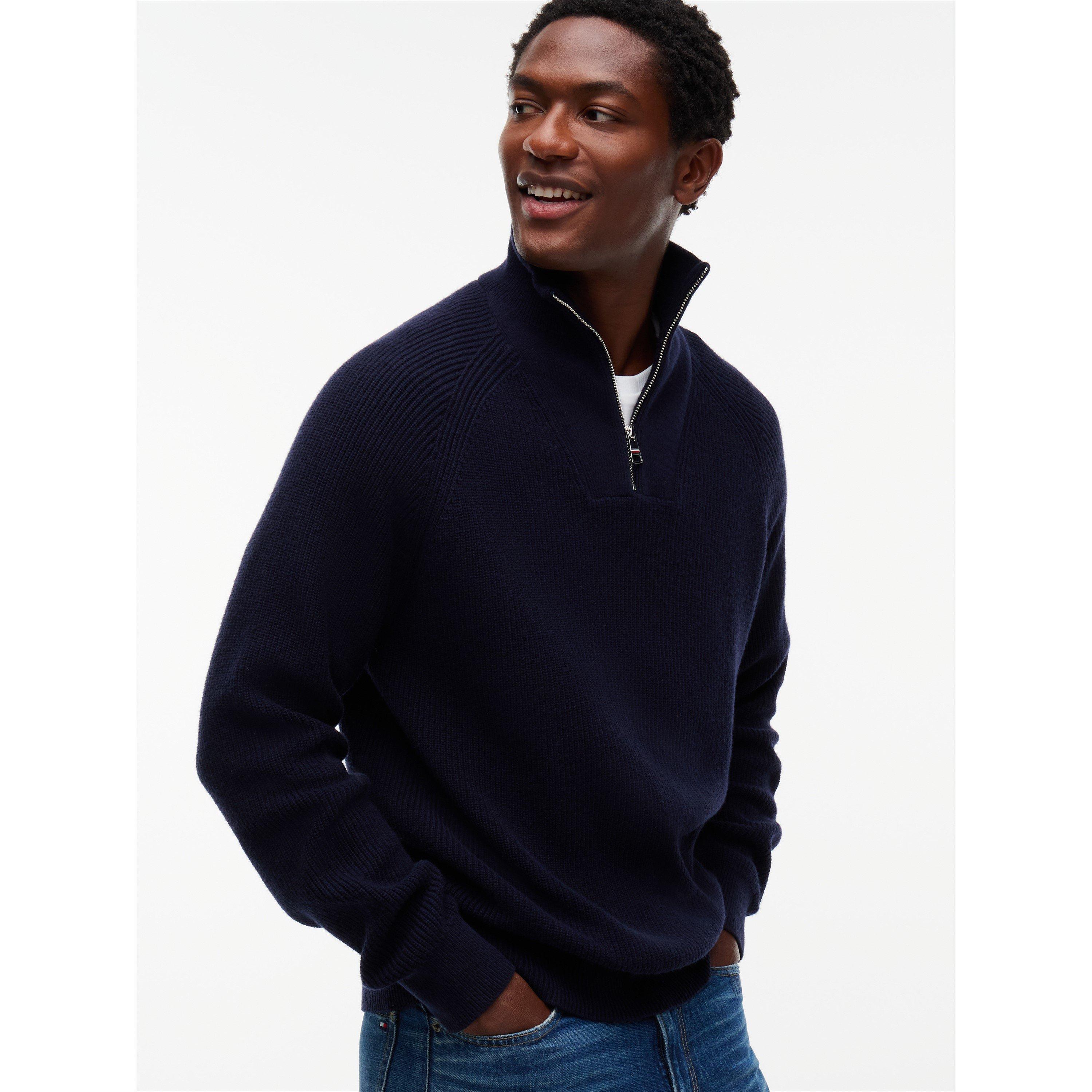 Navy Blue - Tommy Hilfiger - Men's Wool Fisherman Rib 1/4-Zip Knitted Top - 3
