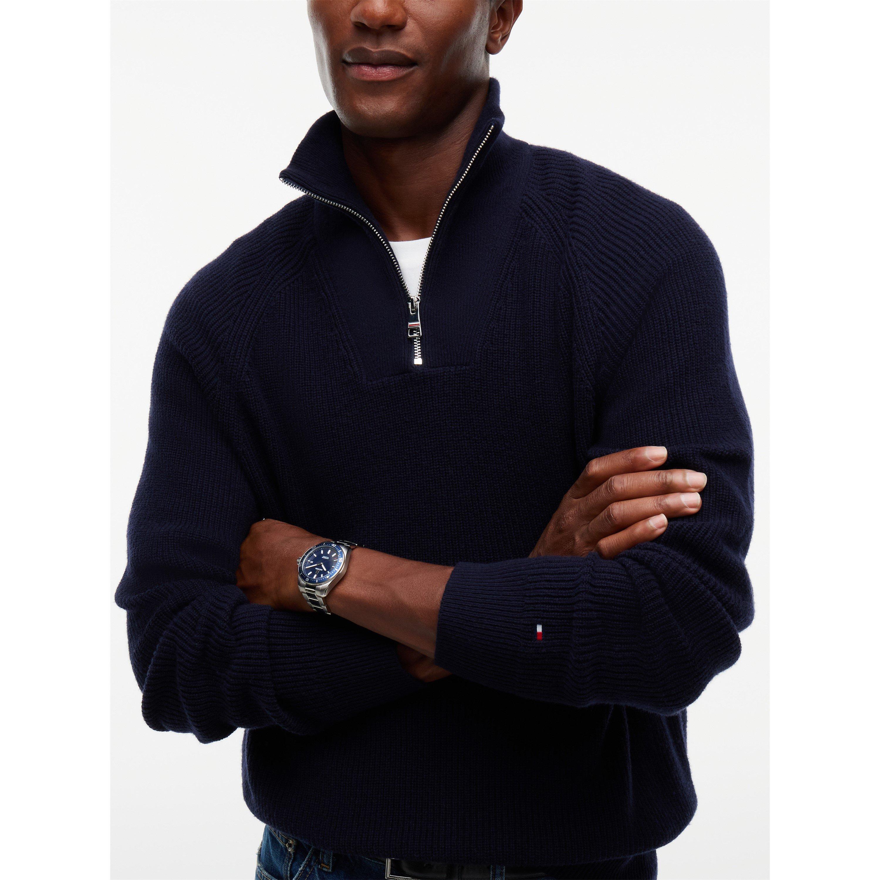 Navy Blue - Tommy Hilfiger - Men's Wool Fisherman Rib 1/4-Zip Knitted Top - 4