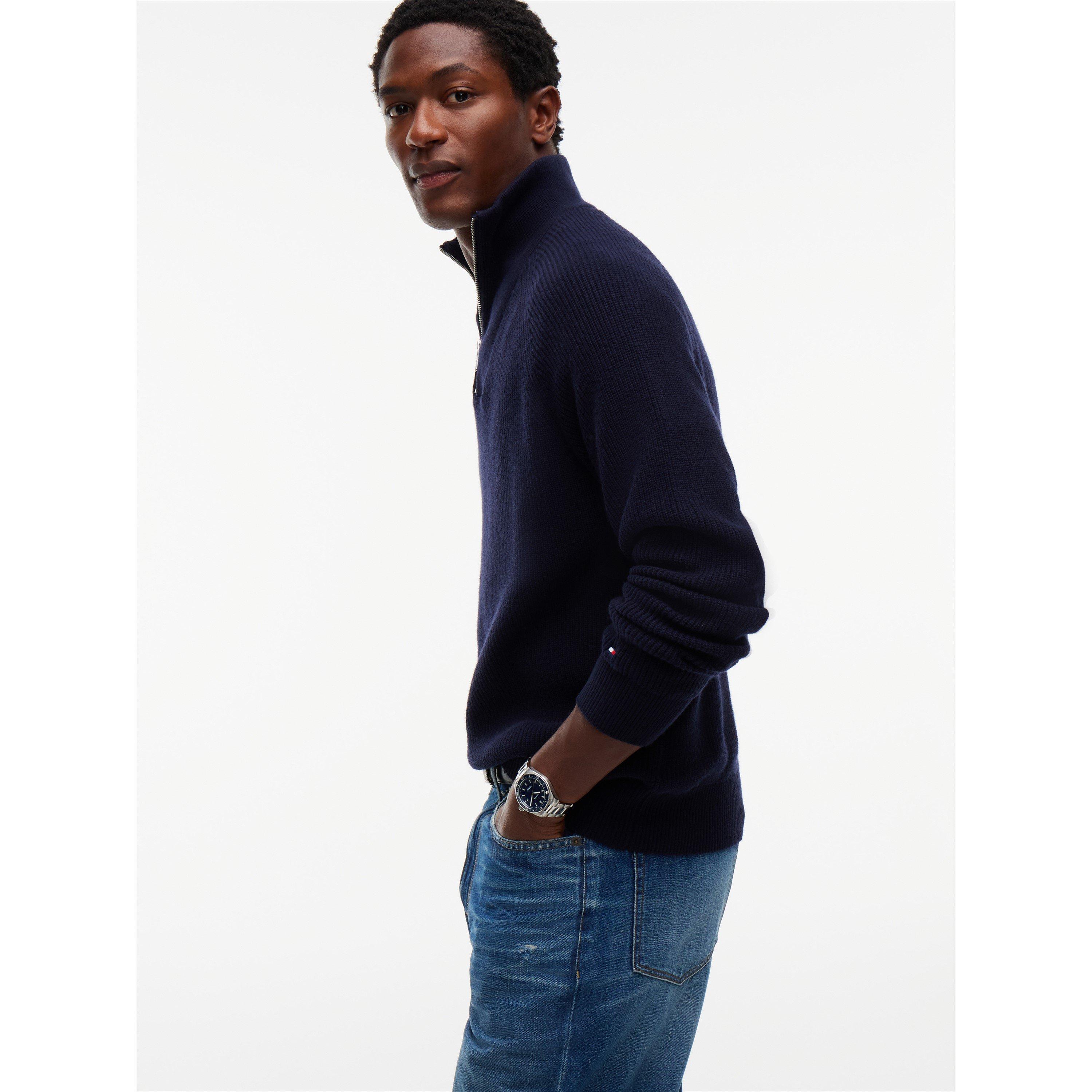 Navy Blue - Tommy Hilfiger - Men's Wool Fisherman Rib 1/4-Zip Knitted Top - 5
