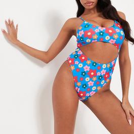 Missguided Floral Print High Leg Cut Out Swimsuit