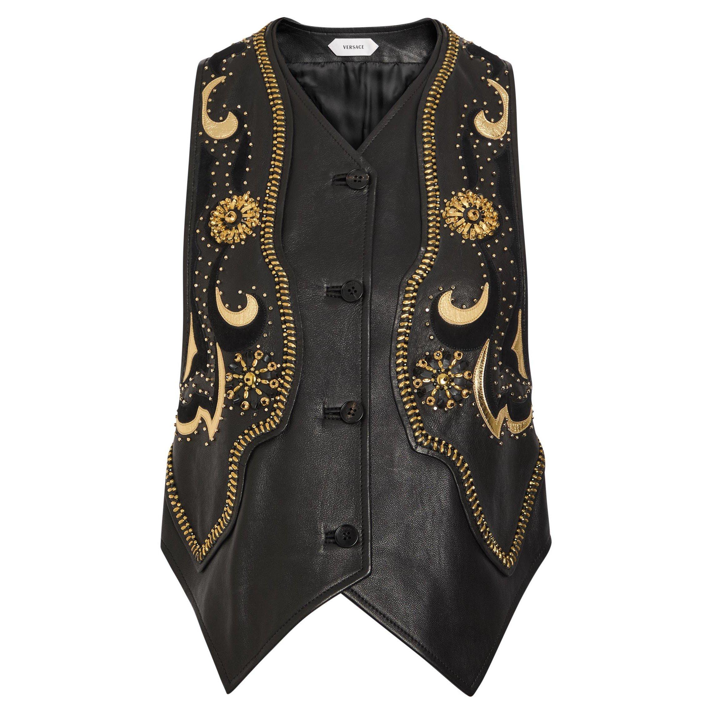 BLACK - Versace - VEST LEATHER LAMB WITH GOLD EM