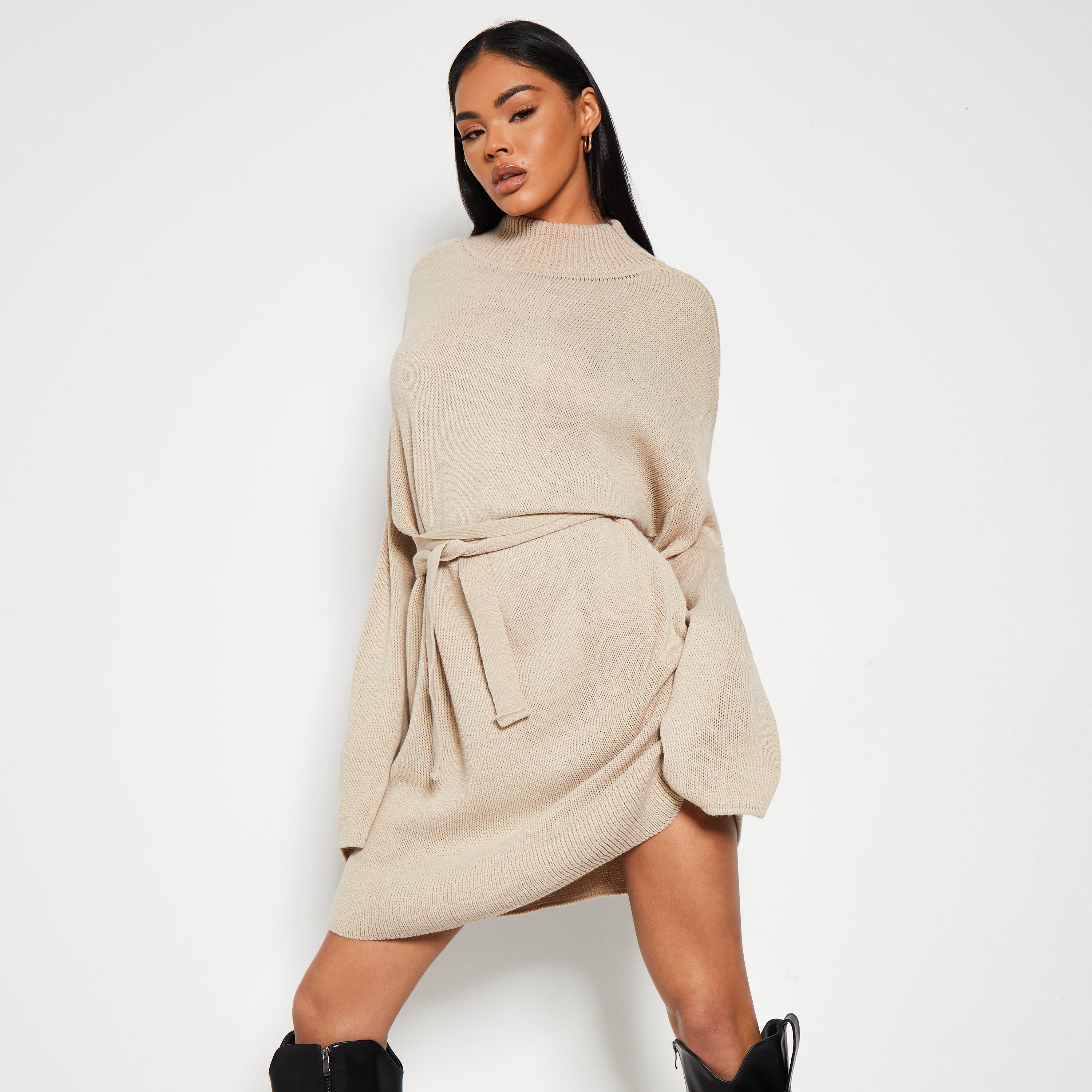 Stone - I Saw It First - ISAWITFIRST Funnel Neck Belted Jumper Dress - 1
