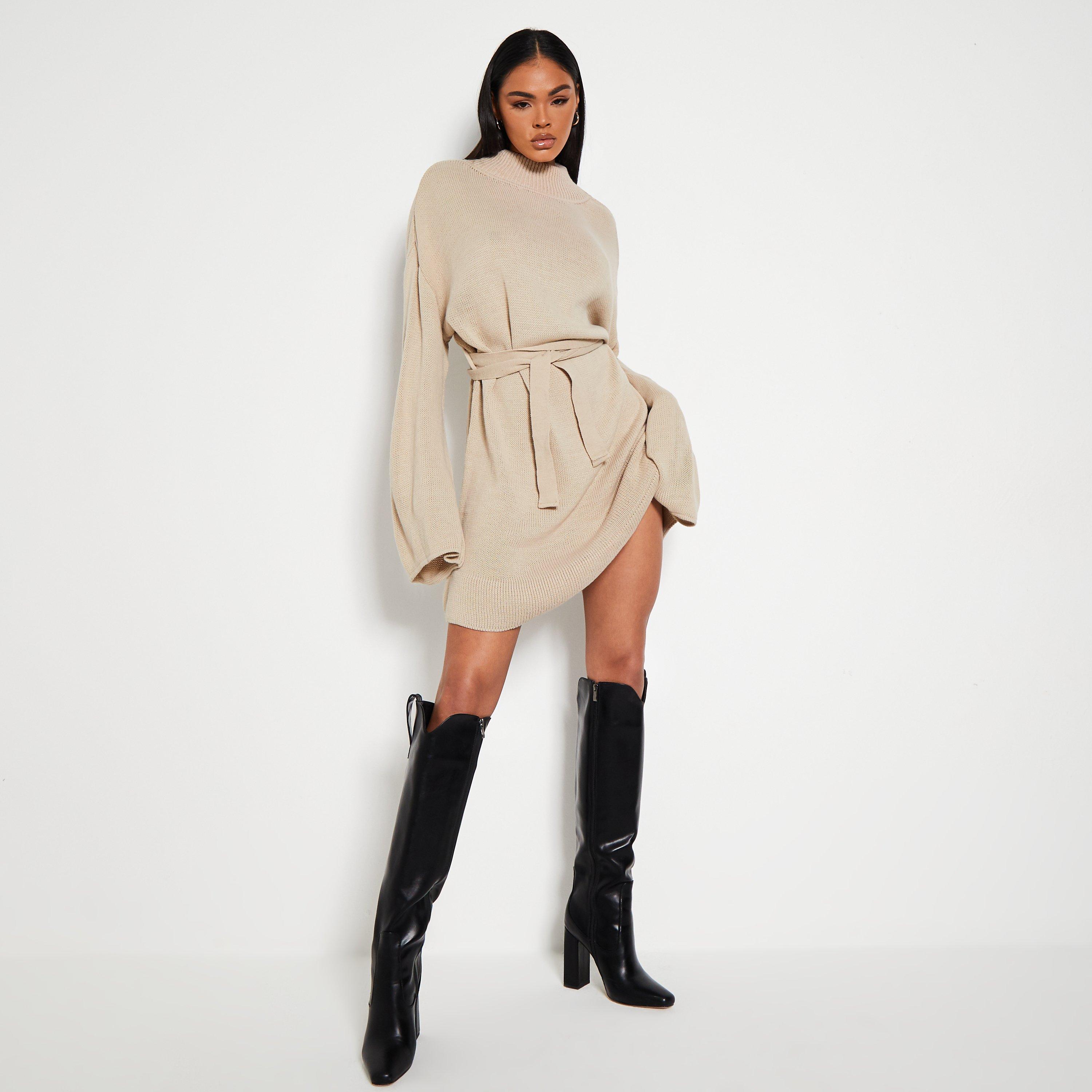 Stone - I Saw It First - ISAWITFIRST Funnel Neck Belted Jumper Dress - 4