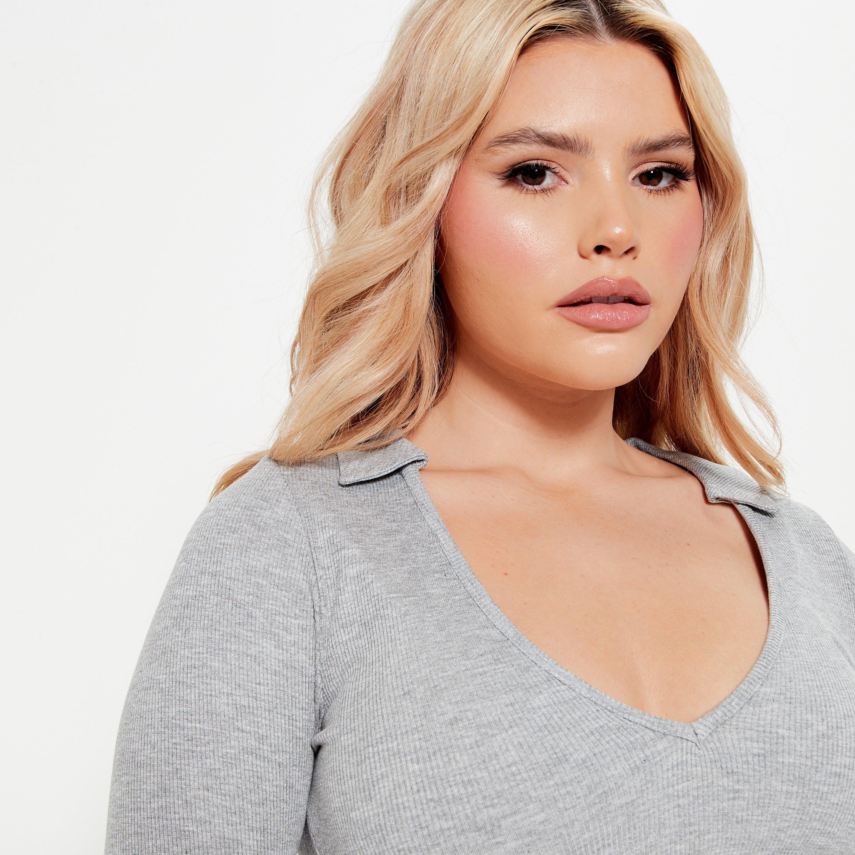 Grey Marl - I Saw It First - ISAWITFIRST Rib V Neck Collared Crop Top - 4