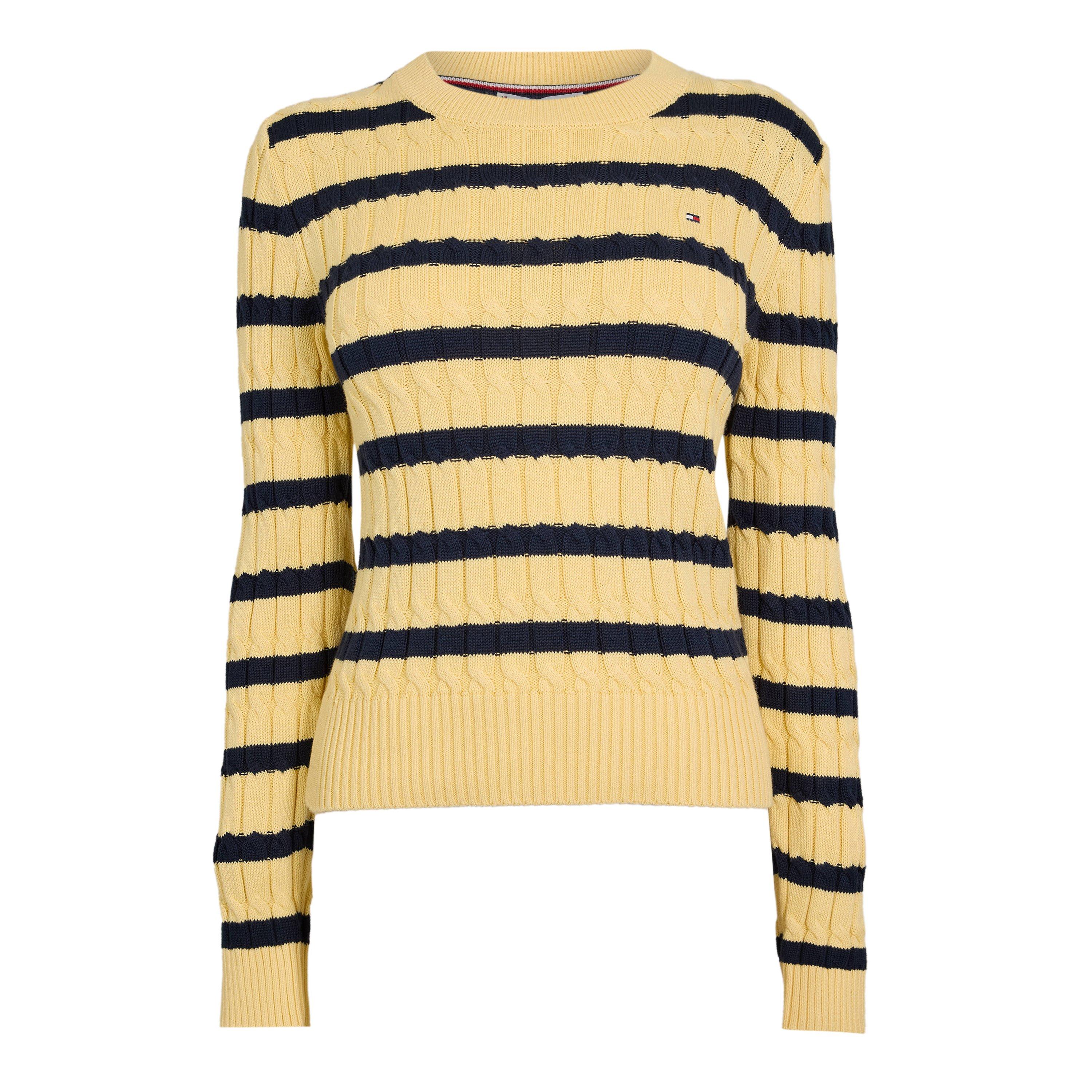 Tommy Hilfiger Women's Cable Knit Crew Neck Sweater - Yellow Stripe - 14 (L)