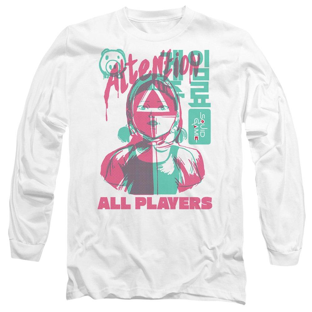 White - Squid Game - SQUID GAME ATTENTION ALL PLAYERS Long Sleeve T-Shi - 1