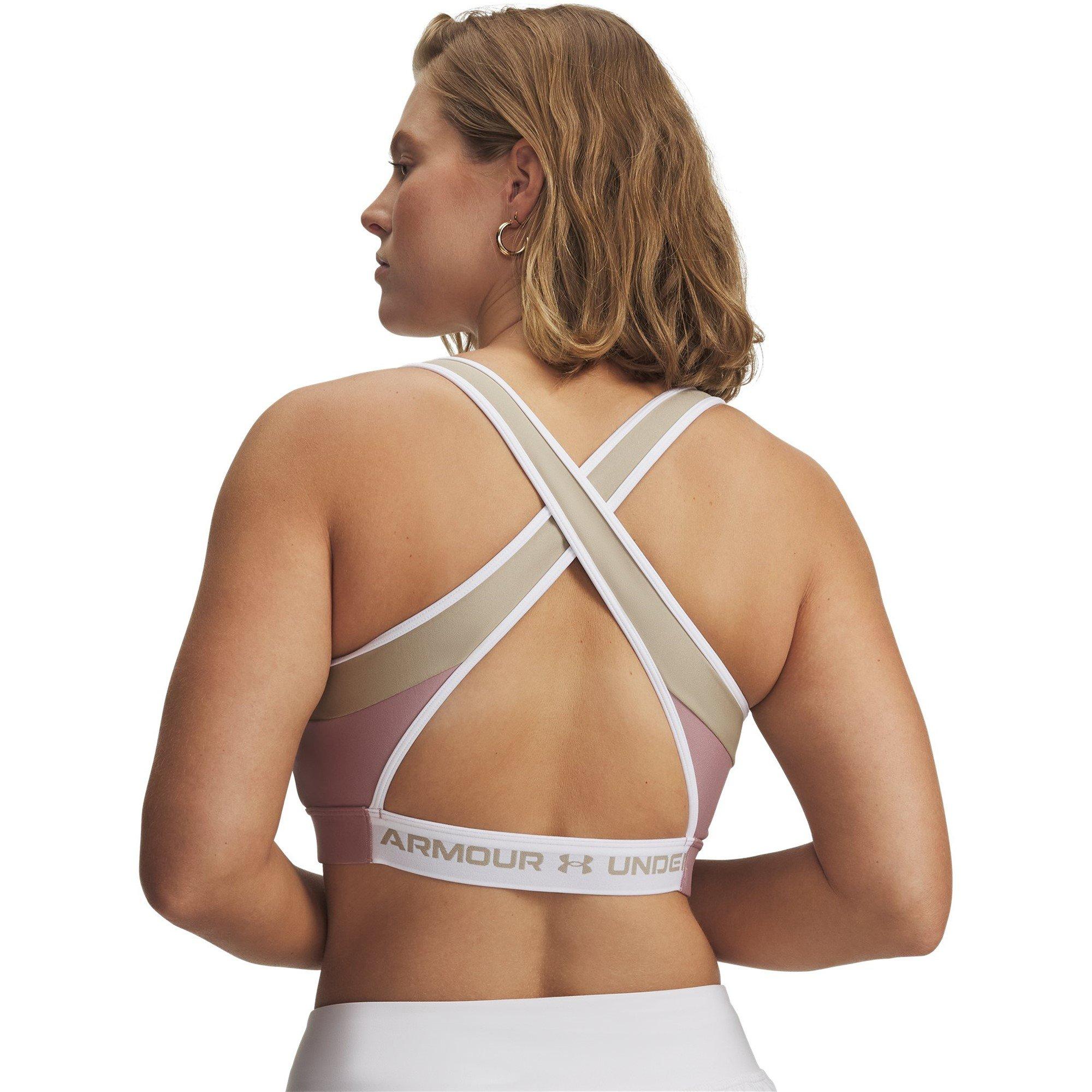 Pink/Khaki/Wht - Under Armour - Women's Crossback Non Wired Medium Impact Sports Bra - 8