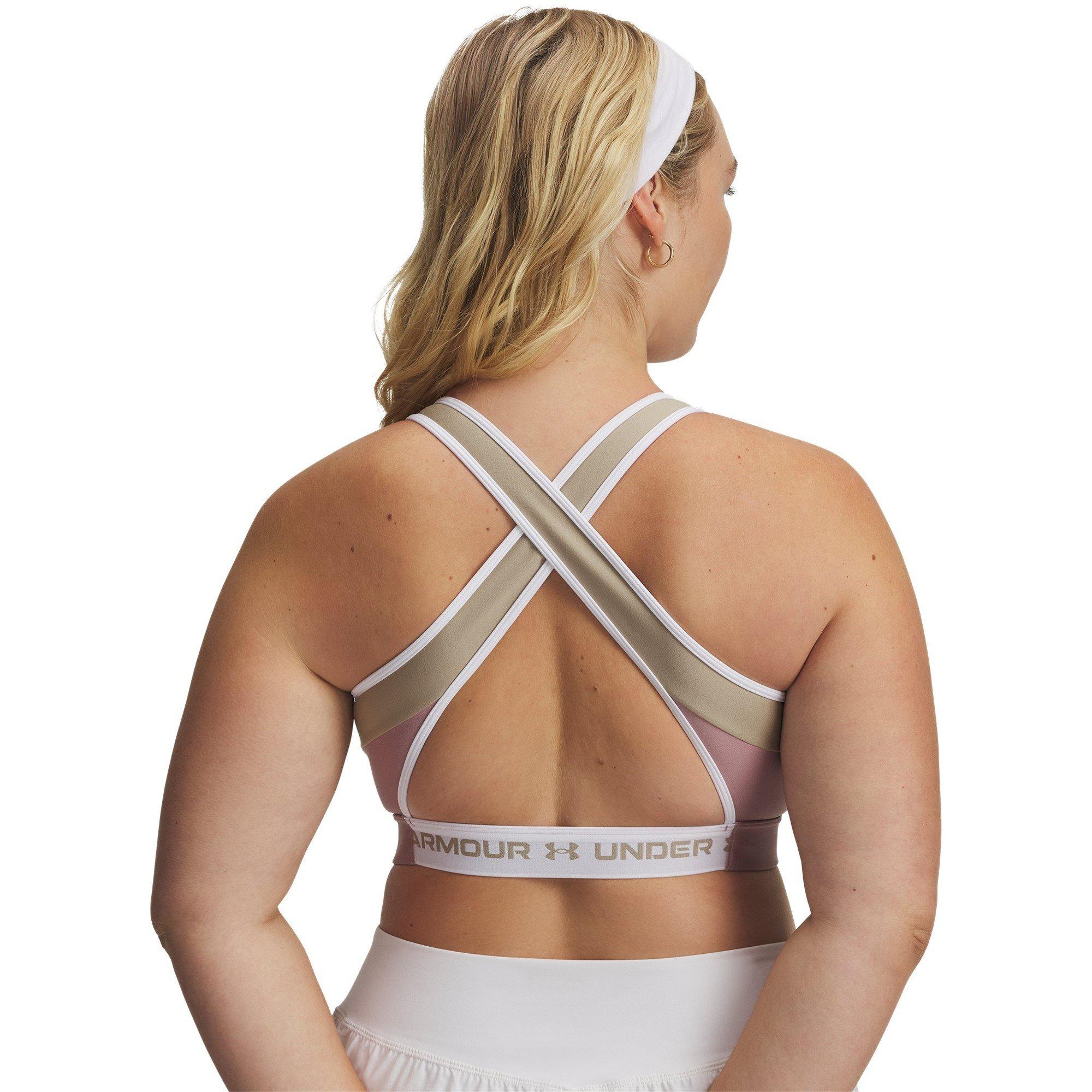 Pink/Khaki/Wht - Under Armour - Women's Crossback Non Wired Medium Impact Sports Bra - 10