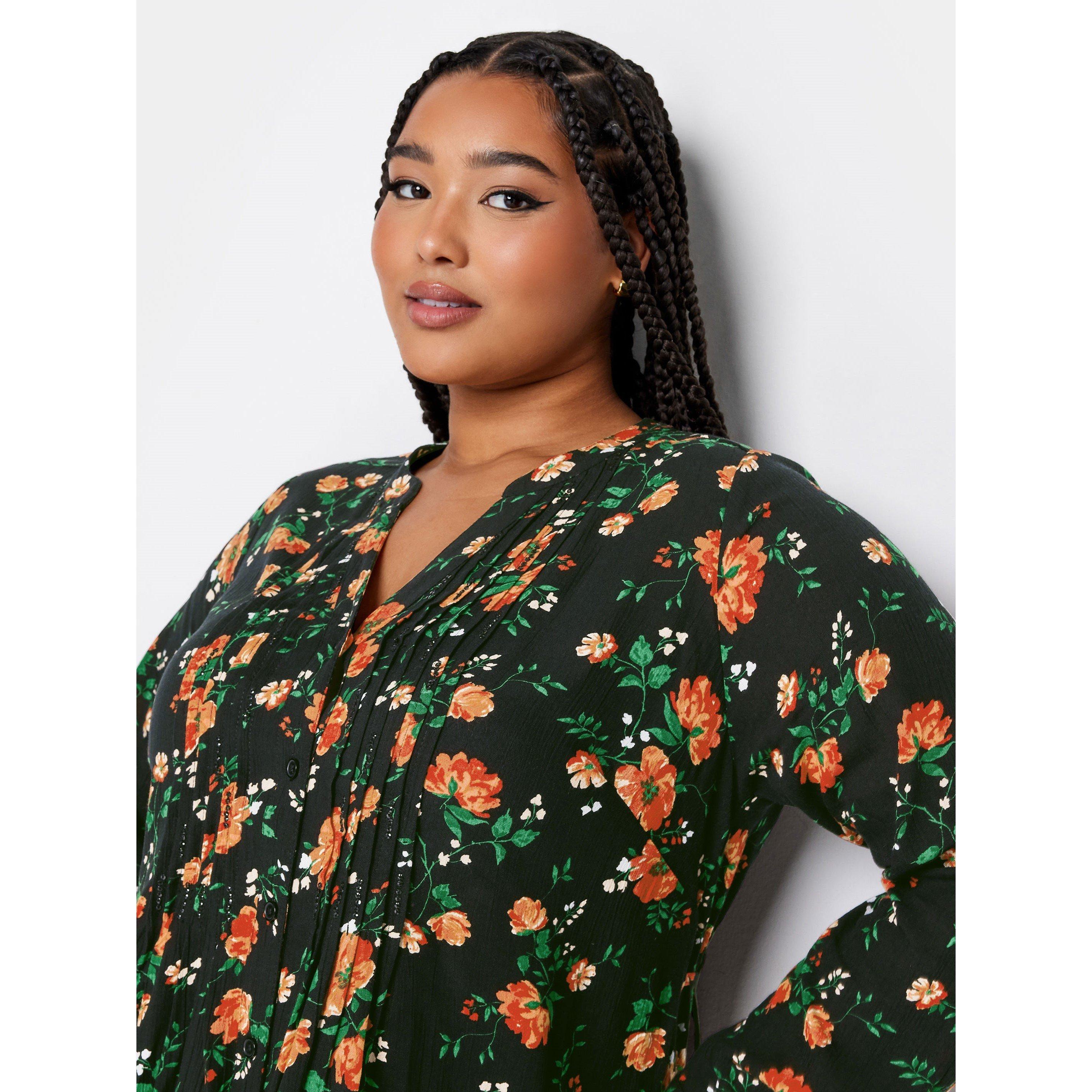 Black/Red - YOURS - Curve Floral Pintuck Shirt - 4