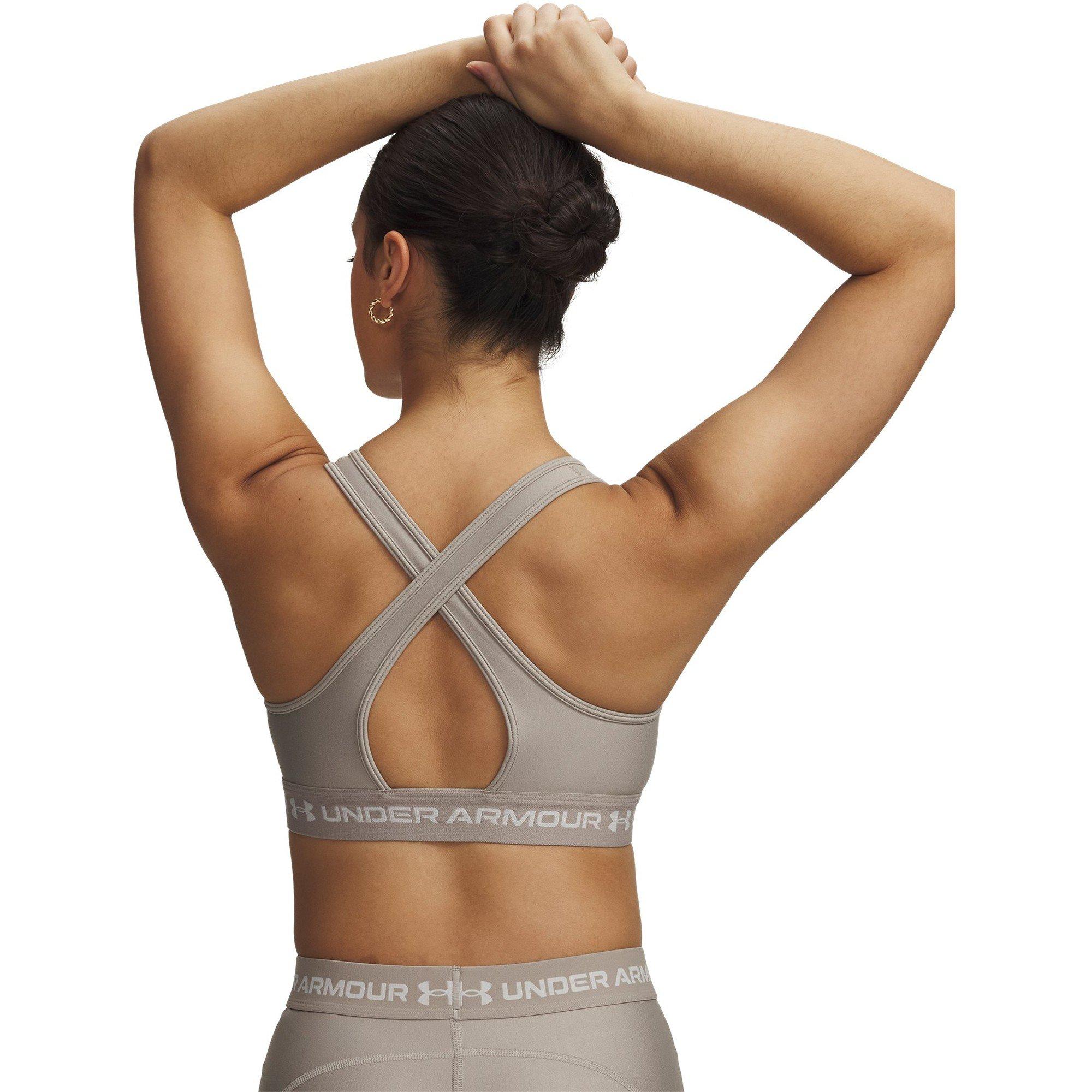 Taupe/White - Under Armour - Under Mid Crossback Womens Sports Bra - 2