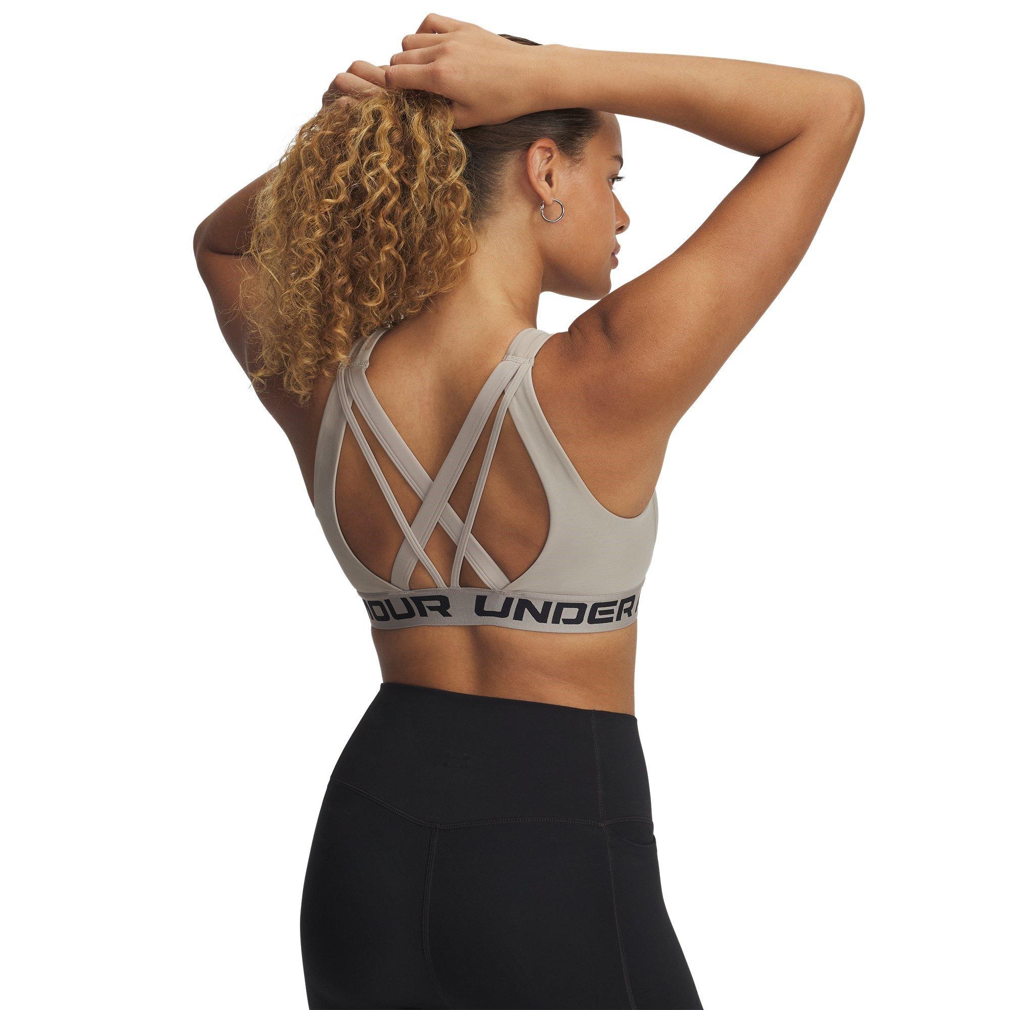 Timberwolf/Blk - Under Armour - Mid Crossback Strappy Womens Sport Bra - 2