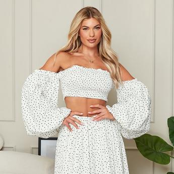 I Saw It First ISAWITFIRST Printed Shirred Puff Sleeve Bandeau Crop Top Co-Ord