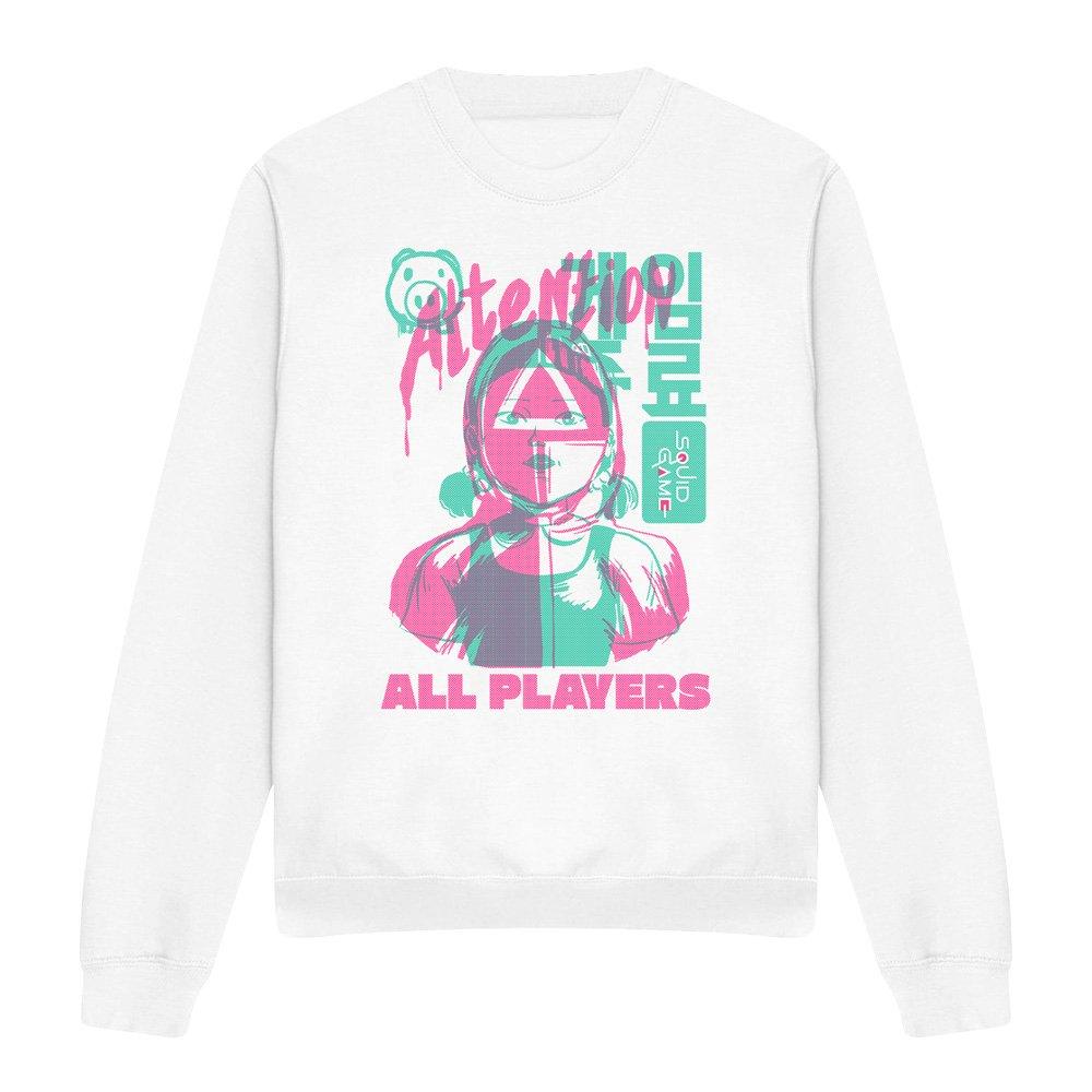 White - Squid Game - SQUID GAME ATTENTION ALL PLAYERS Sweatshirt White - 4