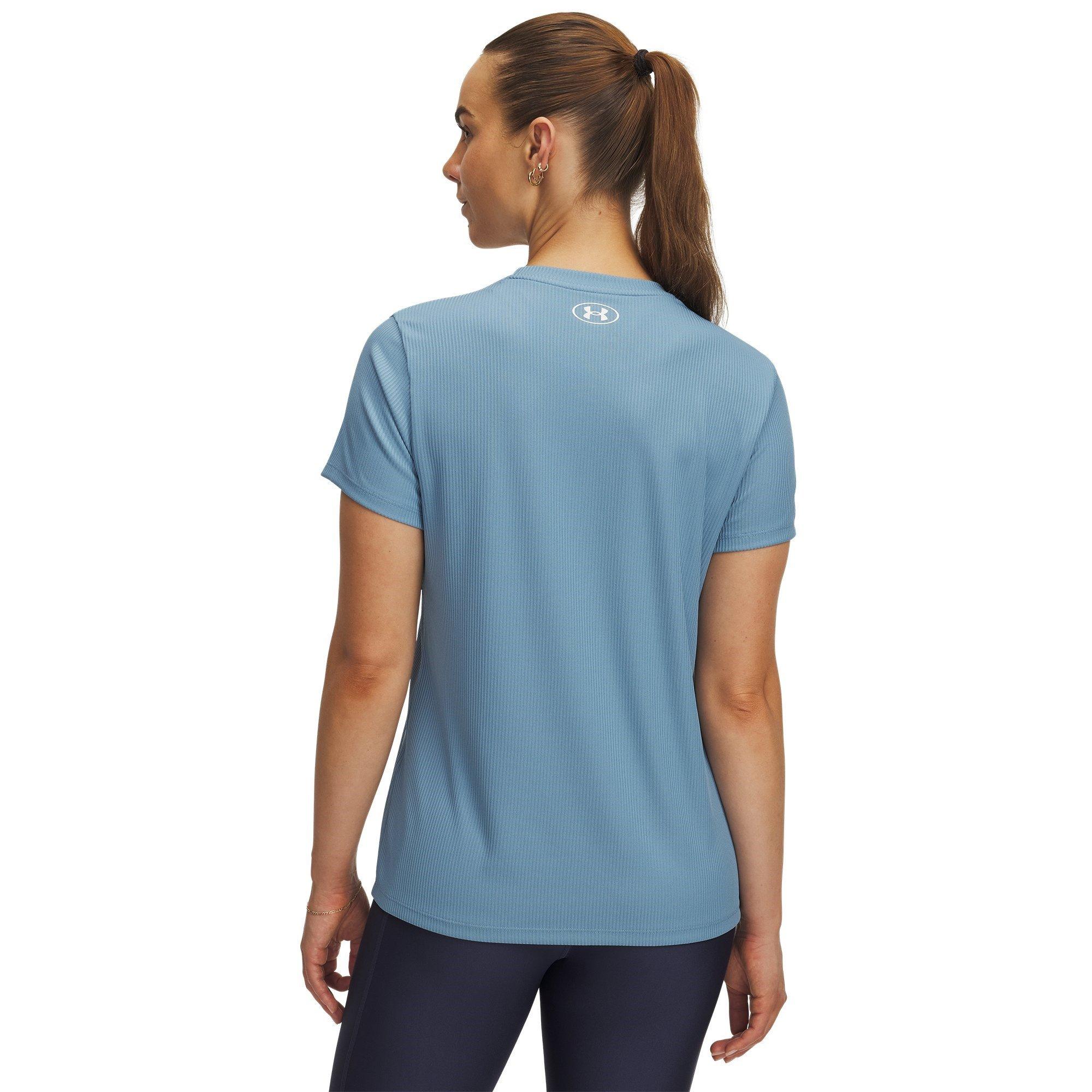 Blue Smoke/Wht - Under Armour - Women's Tech Rib Short-Sleeve Performance Gym Top - 2