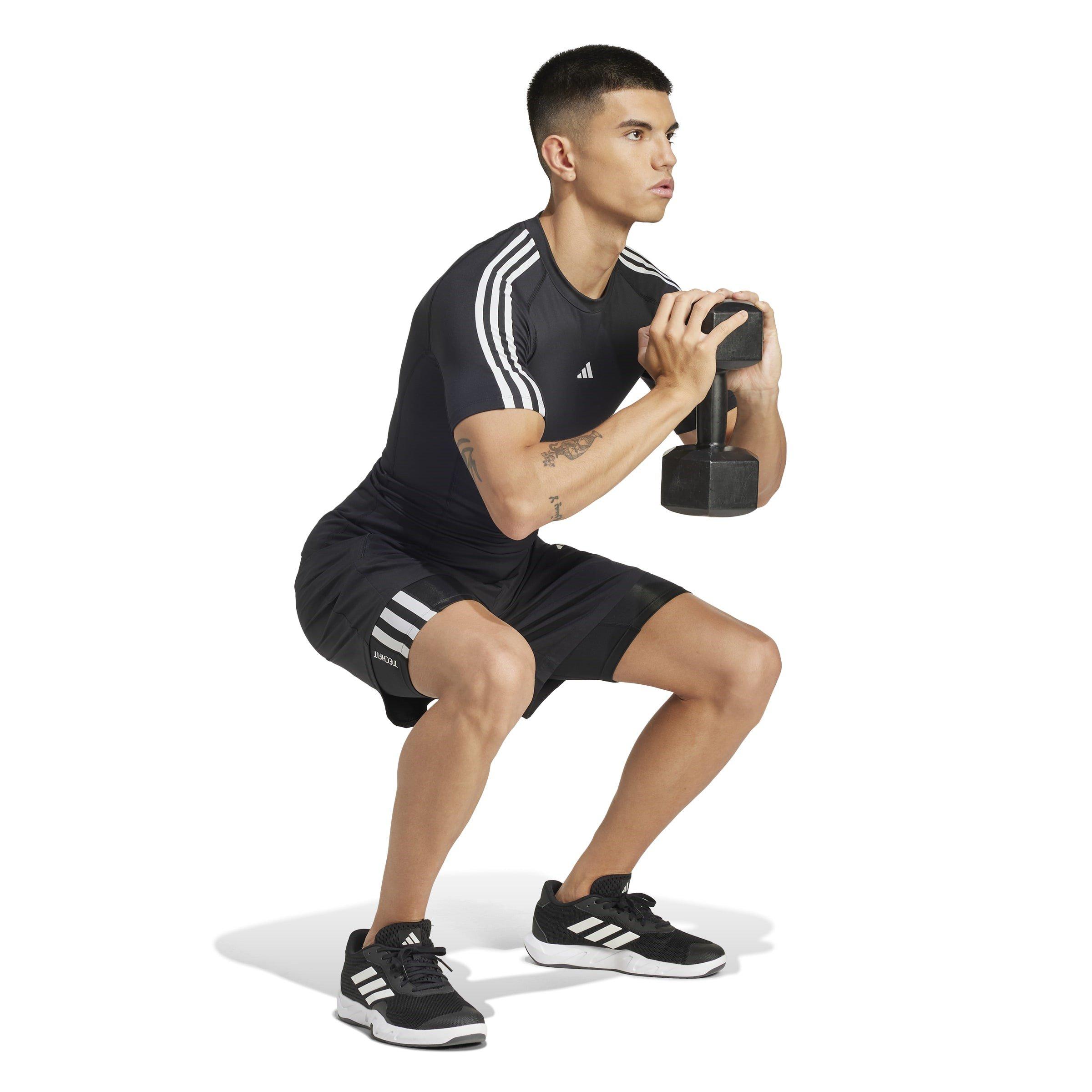 Black - adidas - Techfit Three Stripes Mens Performance T Shirt - 4