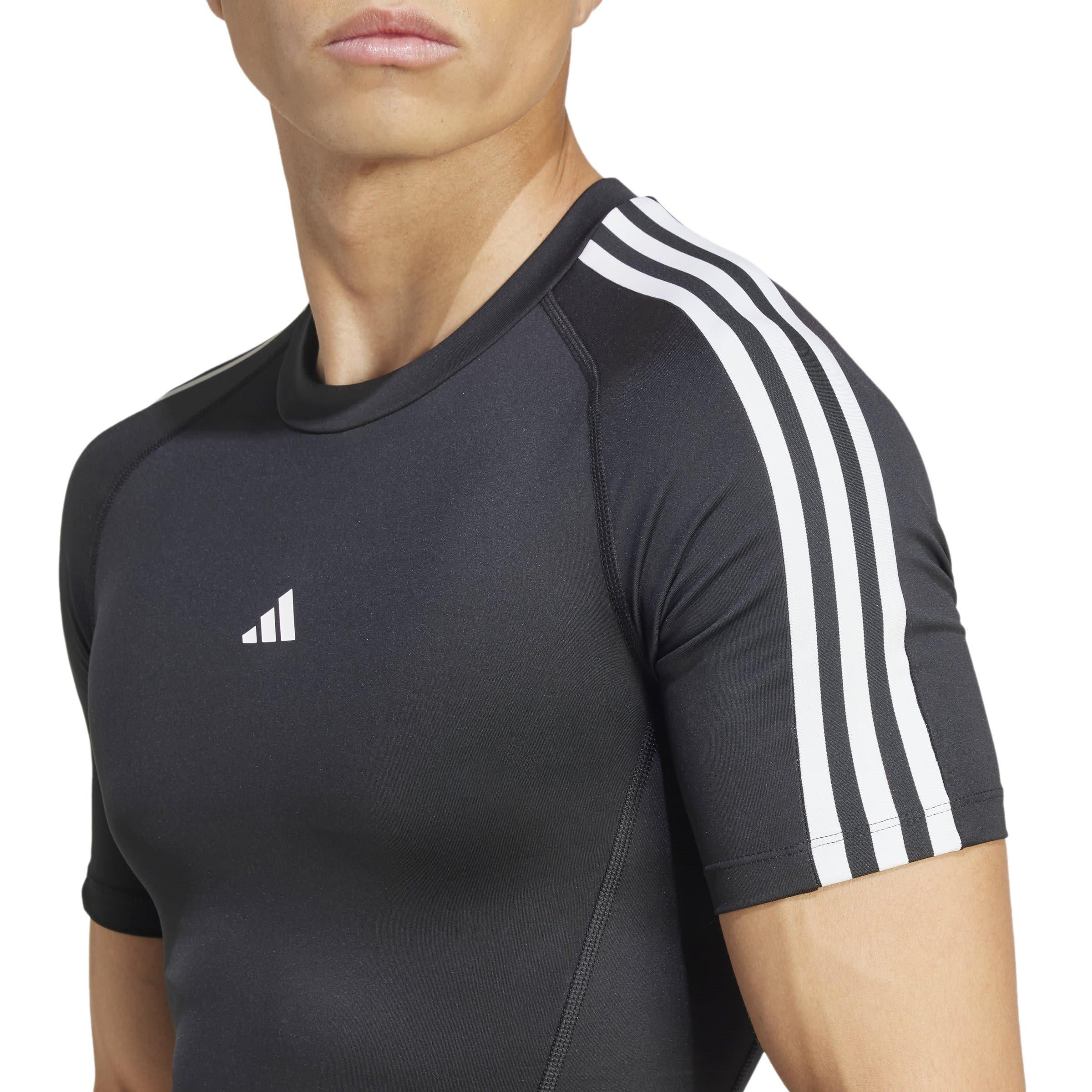 Black - adidas - Techfit Three Stripes Mens Performance T Shirt - 5