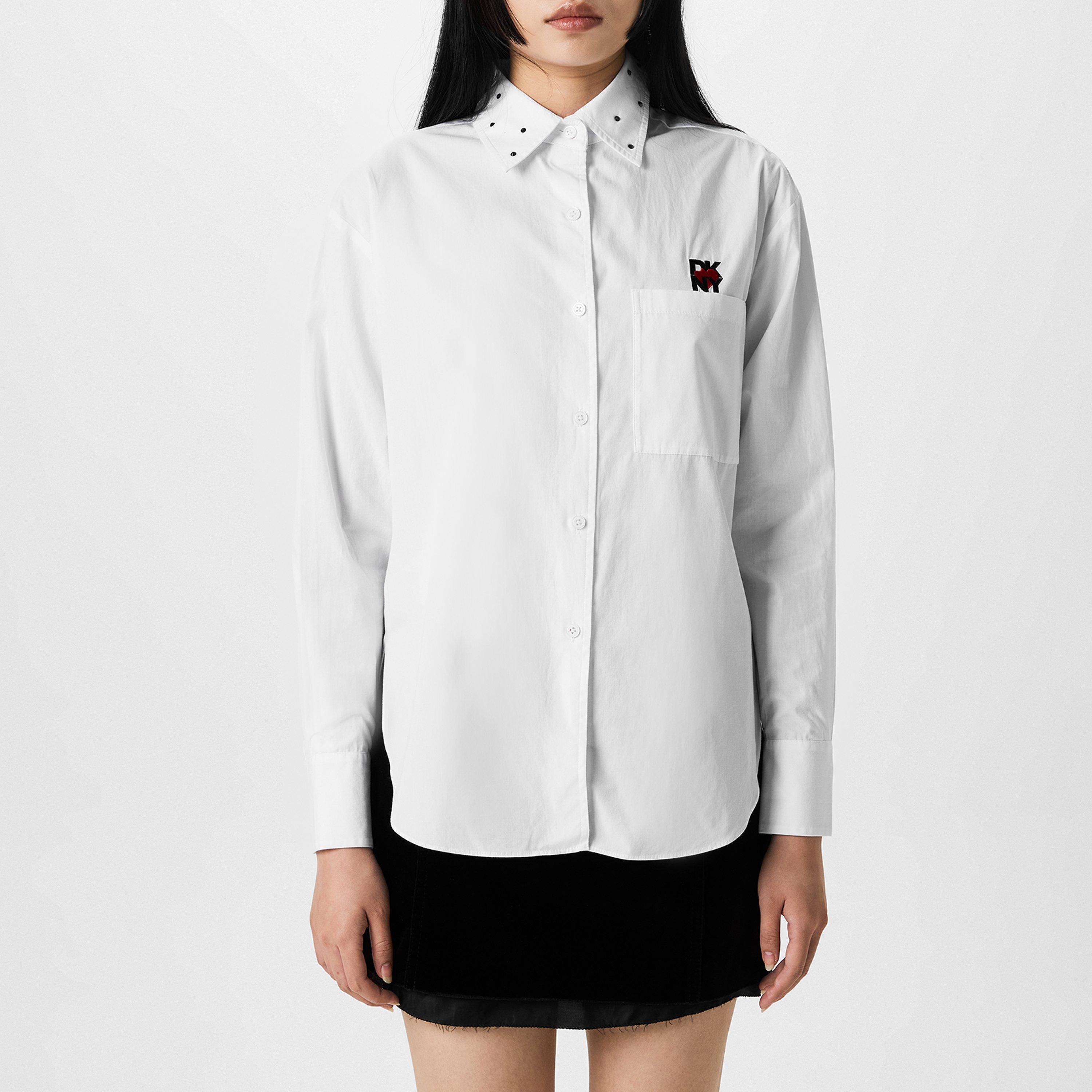 WHITE - DKNY - Women's Studded Logo Long-Sleeve Plain Shirt - 1