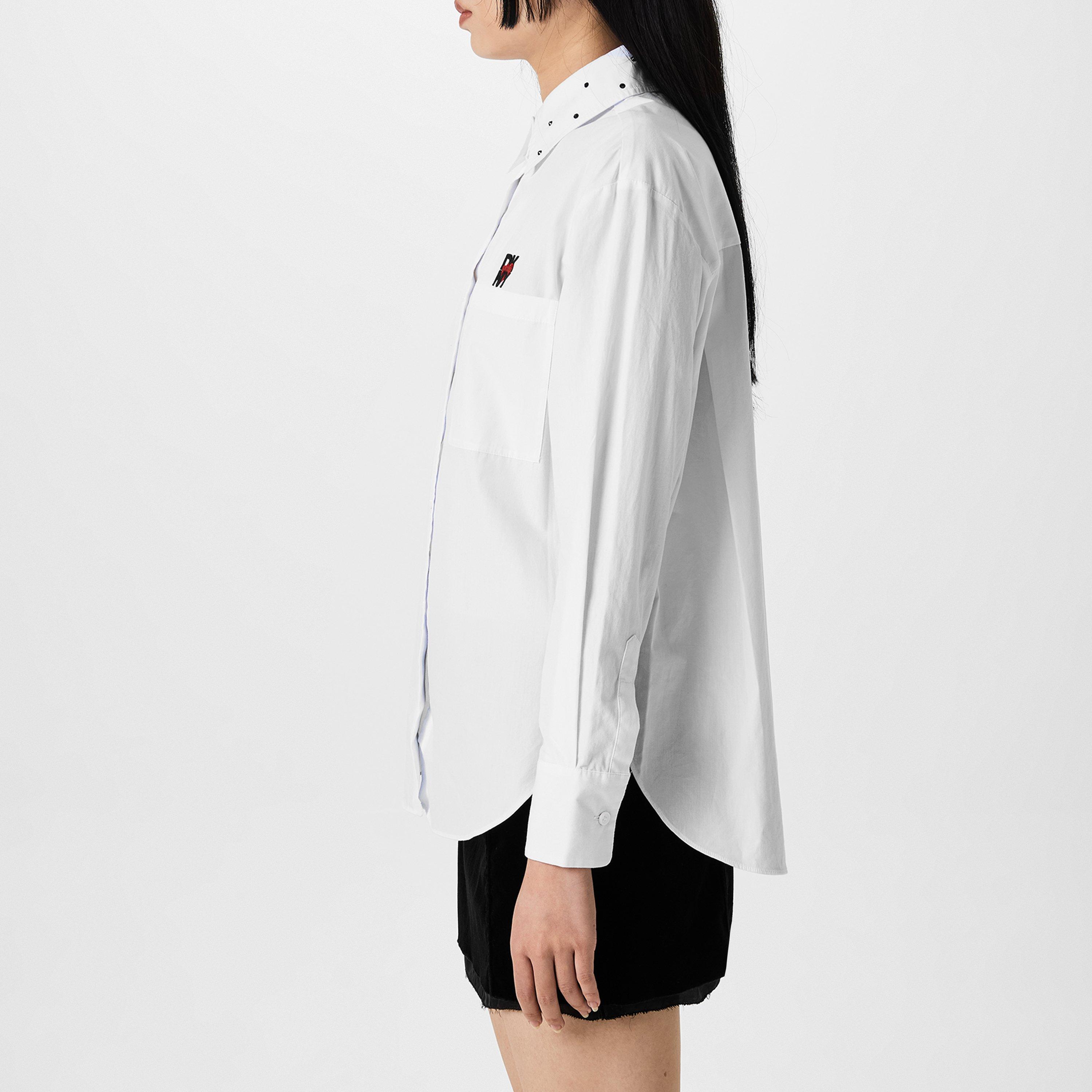WHITE - DKNY - Women's Studded Logo Long-Sleeve Plain Shirt - 2