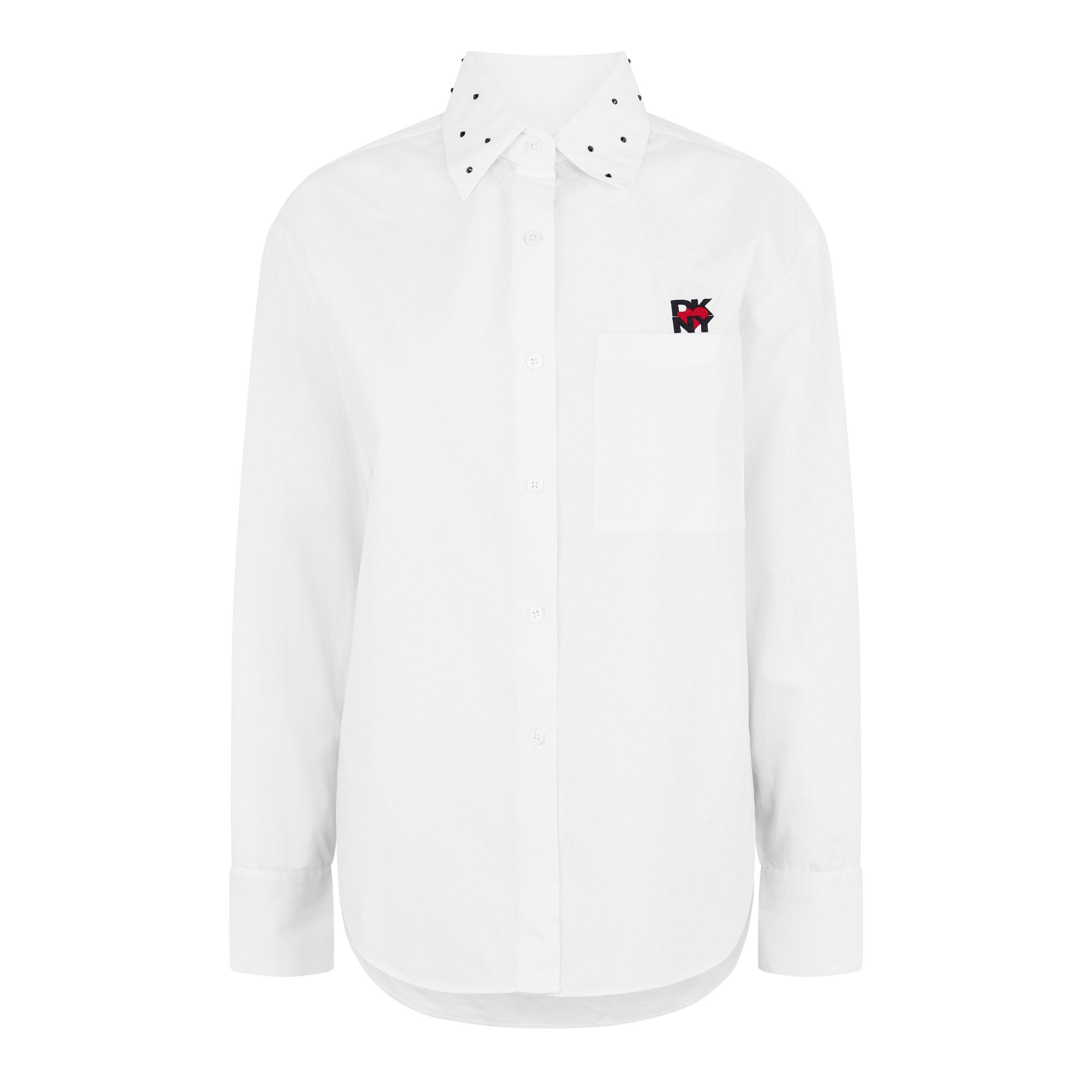 WHITE - DKNY - Women's Studded Logo Long-Sleeve Plain Shirt - 5